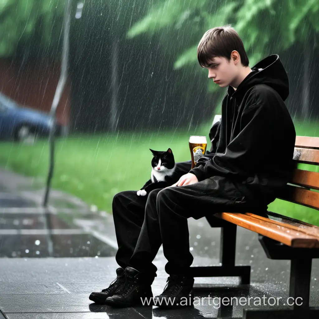 Подросток нефр в чорном сидит на скамейке с пивом,ему грустно, идёт дождь,рядом сидит кошка. 
