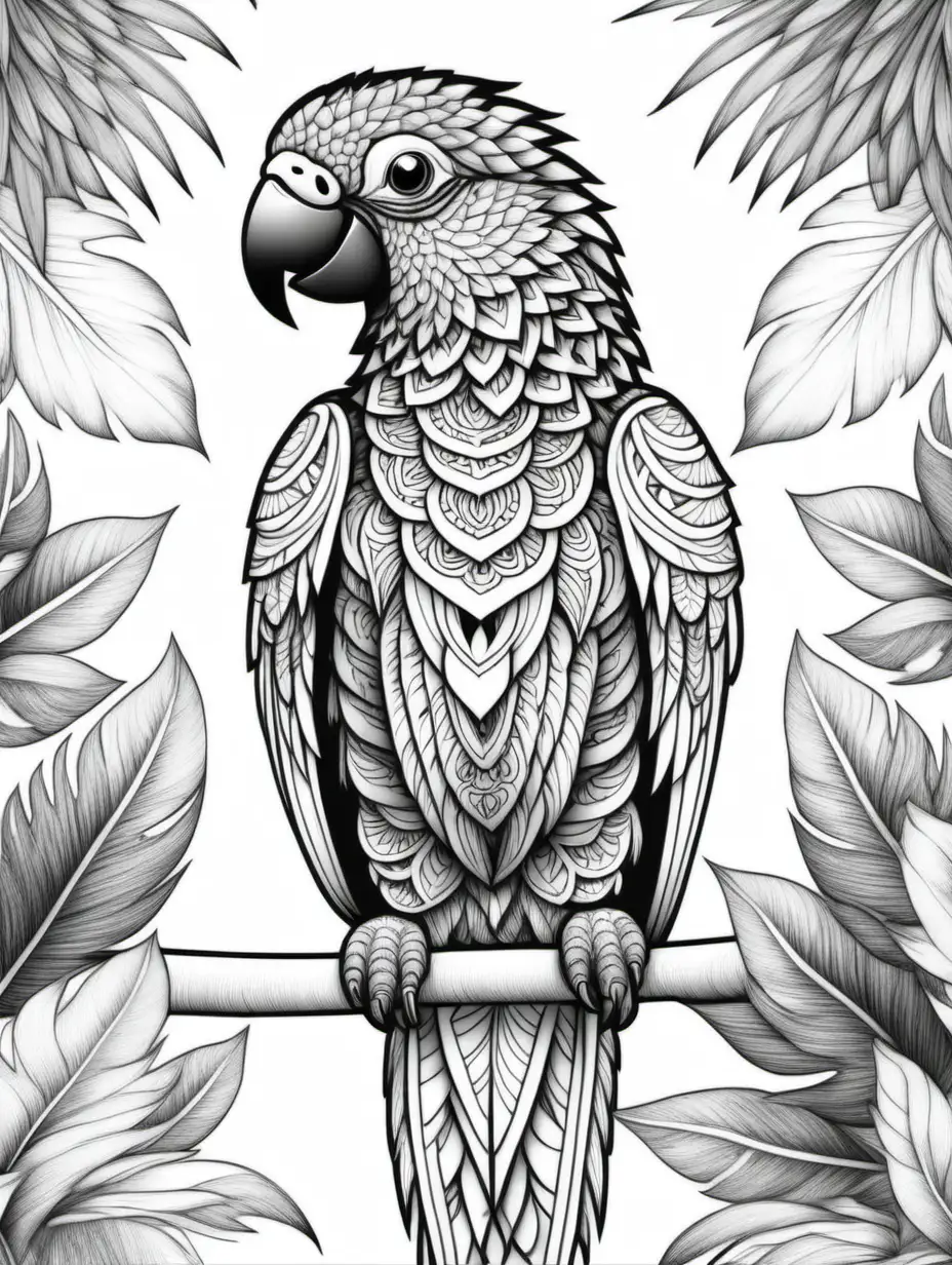 Detailed Black and White Mandala Parrot in Adult Coloring Book
