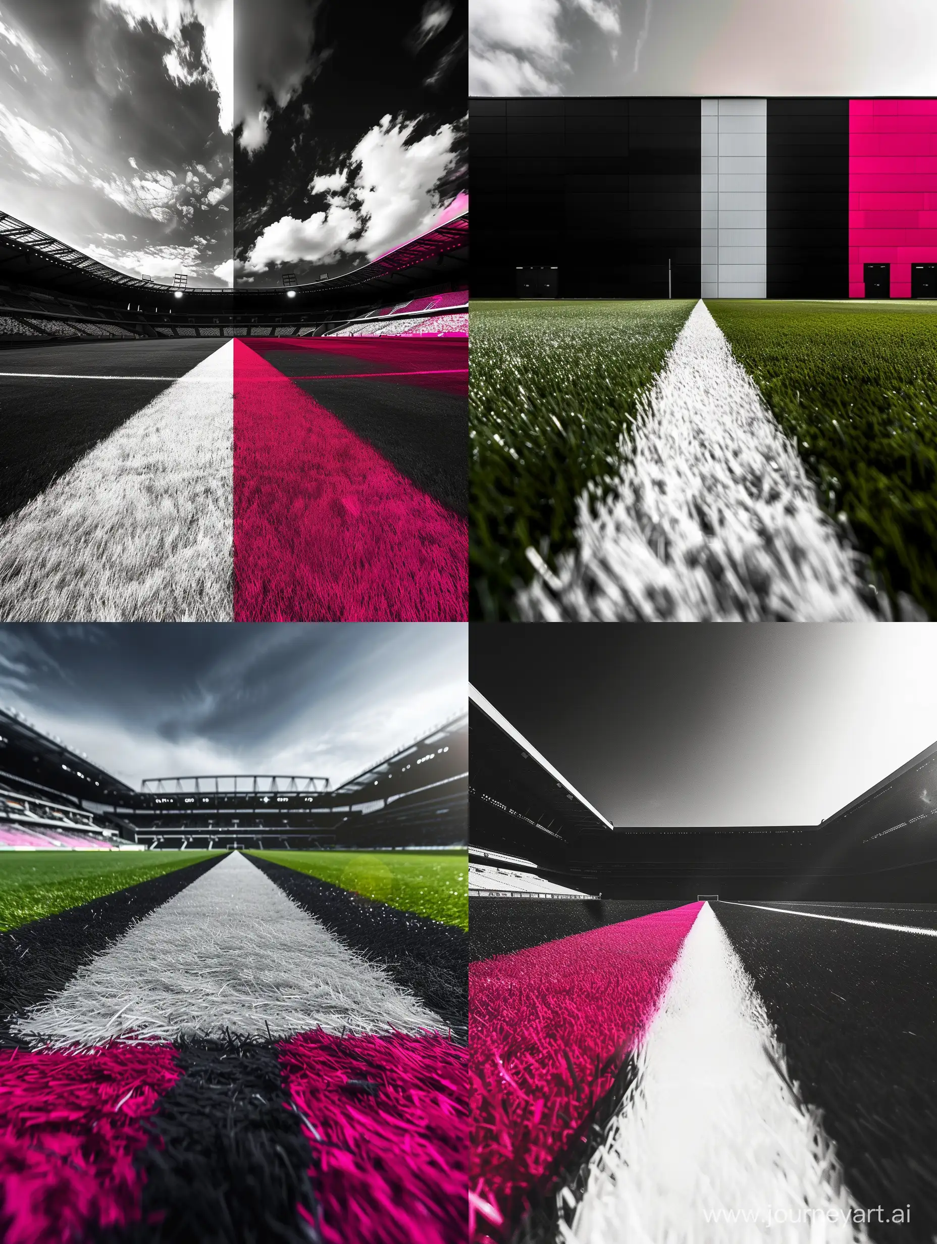 create dramatic view from the grass of modern soccer stadion black, white and pink