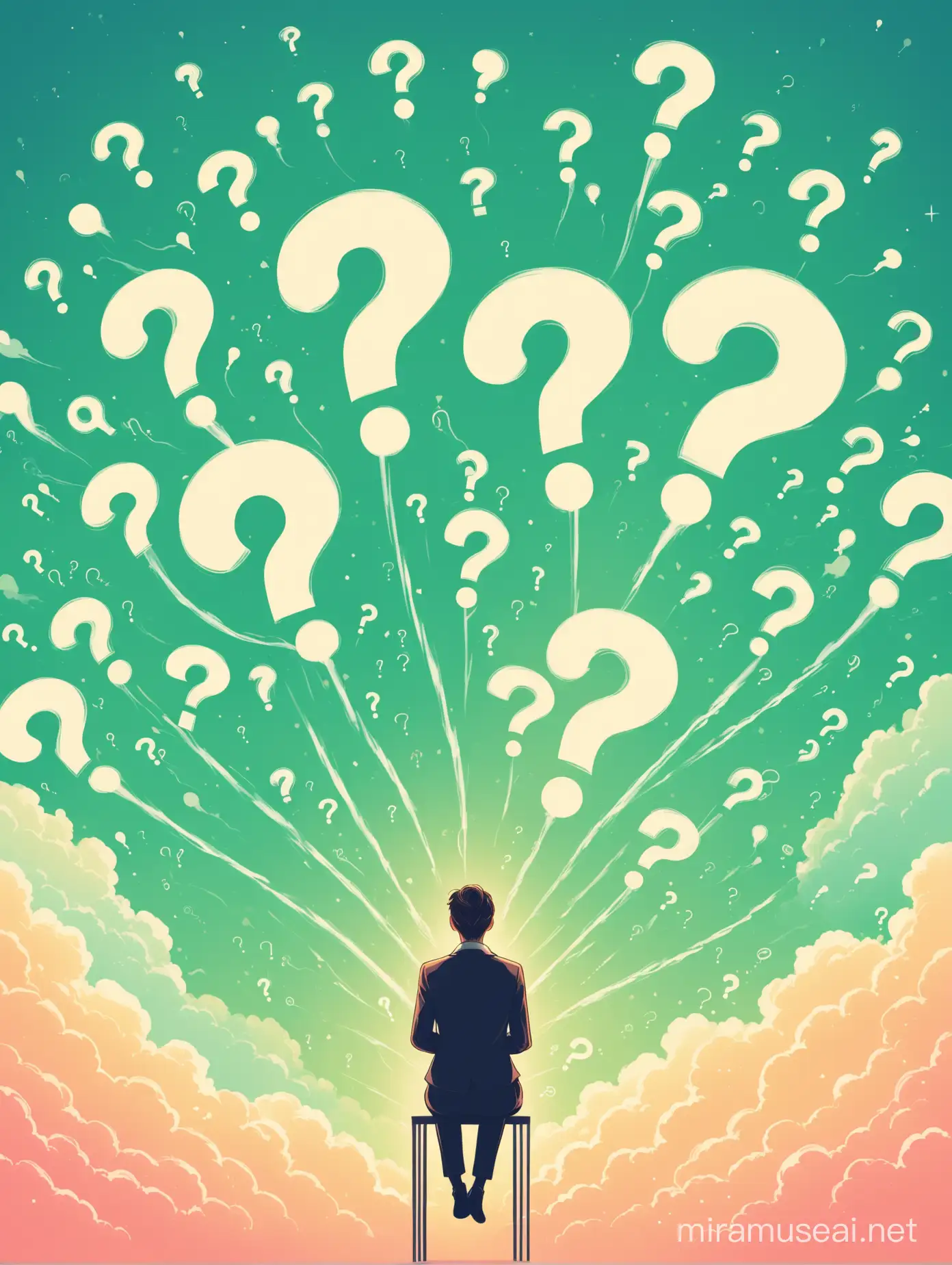 a person sitting  with multiple question marks hovering in the air


