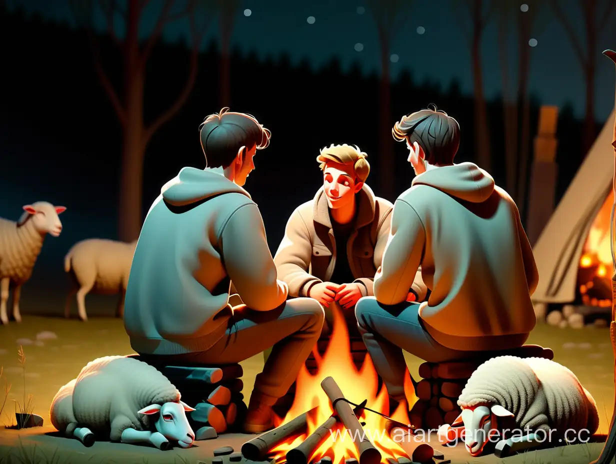 two guys are romantically sitting around a campfire at night, a rear view, in front of them a sheep pasture