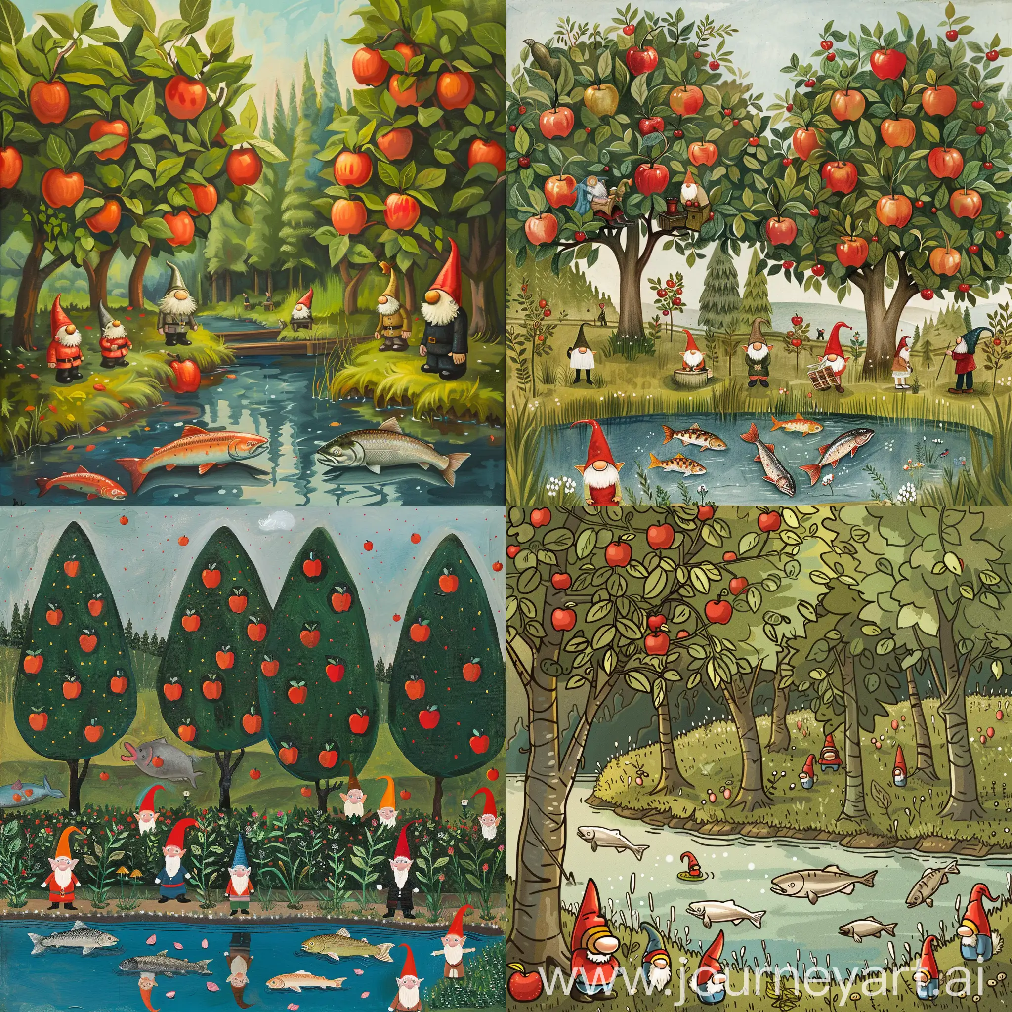 Gnomes-Gathering-by-the-Apple-Trees-with-Pond-and-Salmon
