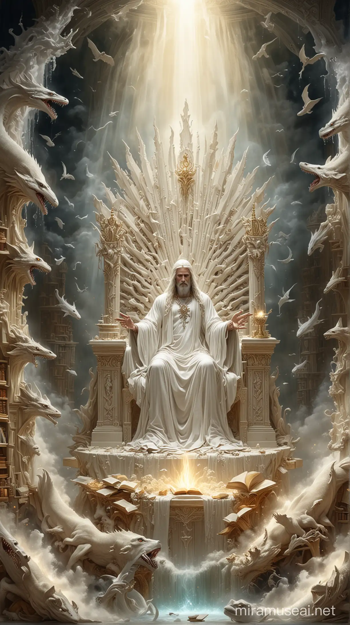 Create a scene depicting a great white throne with a figure seated upon it, radiating an aura of divine authority, while the earth and heaven flee away in fear and books were open before the thone.