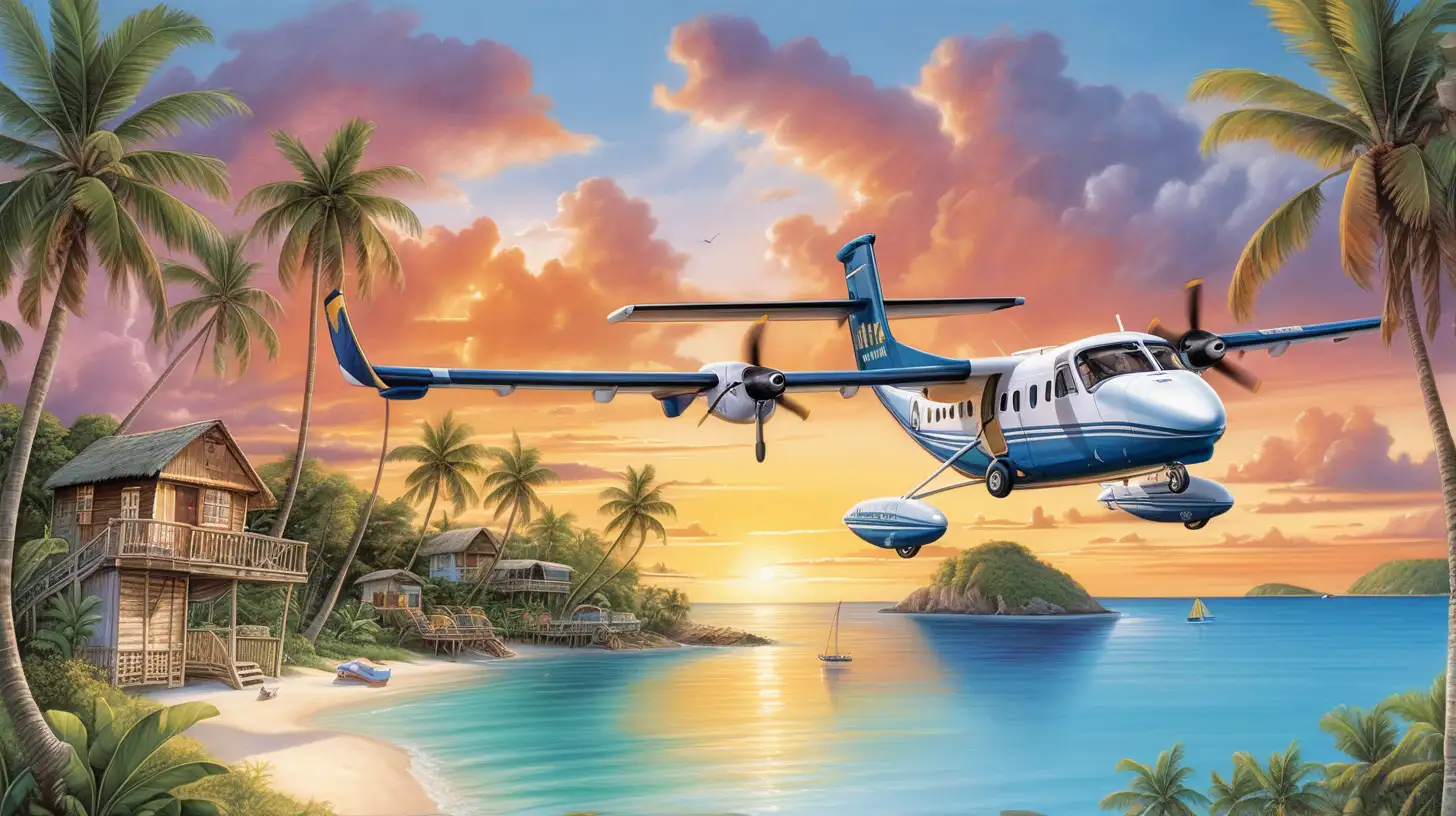 Je veux dessiner le devant d’une boîte de jeux de société qui se passe dans un archipel dans les Caraïbes. L’archipel est un petit archipel touristique avec des maison sur pilotis le tout très paradisiaque. Couché de soleil et avion DHC6 twin otter en train de le survoler. Quelque nuage sur le côté et des palmiers