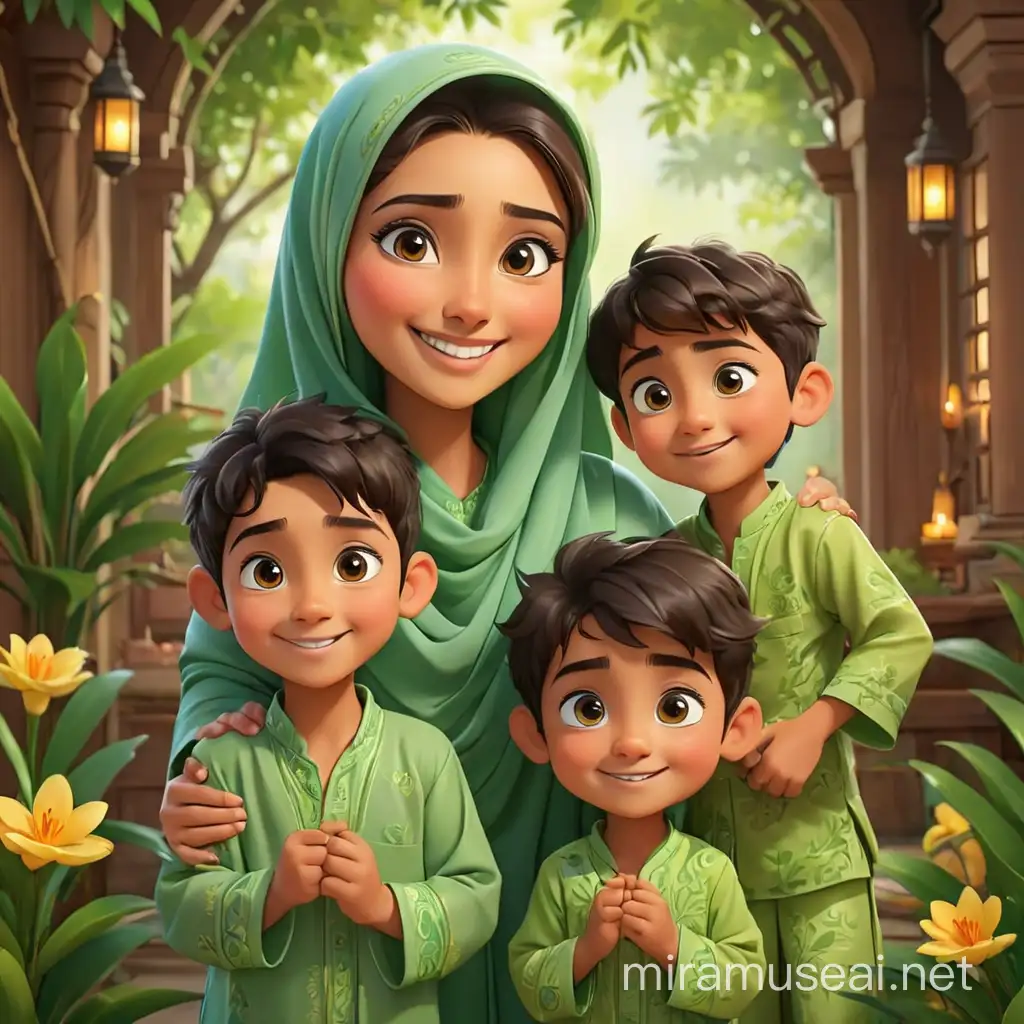 Cartoon celebrate Raya no background and consist one mother with three sons