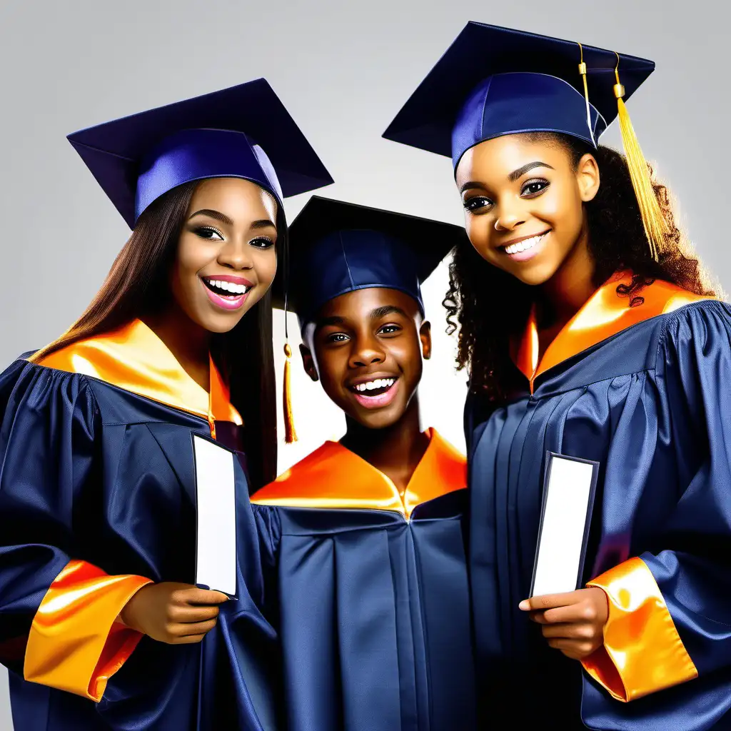 Hyper realistic image of happy African American high school graduates wearing caps and gowns and holding diplomas