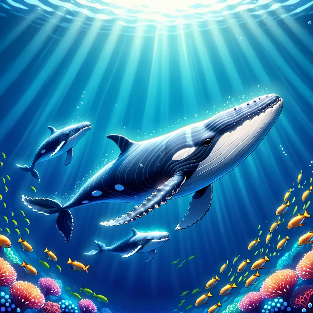  Eine majestätische Wal-Familie schwimmt in Formation durch das tiefblaue Wasser. Ein junger Wal spielt in der Nähe seiner Mutter,  illustration, kawaii style