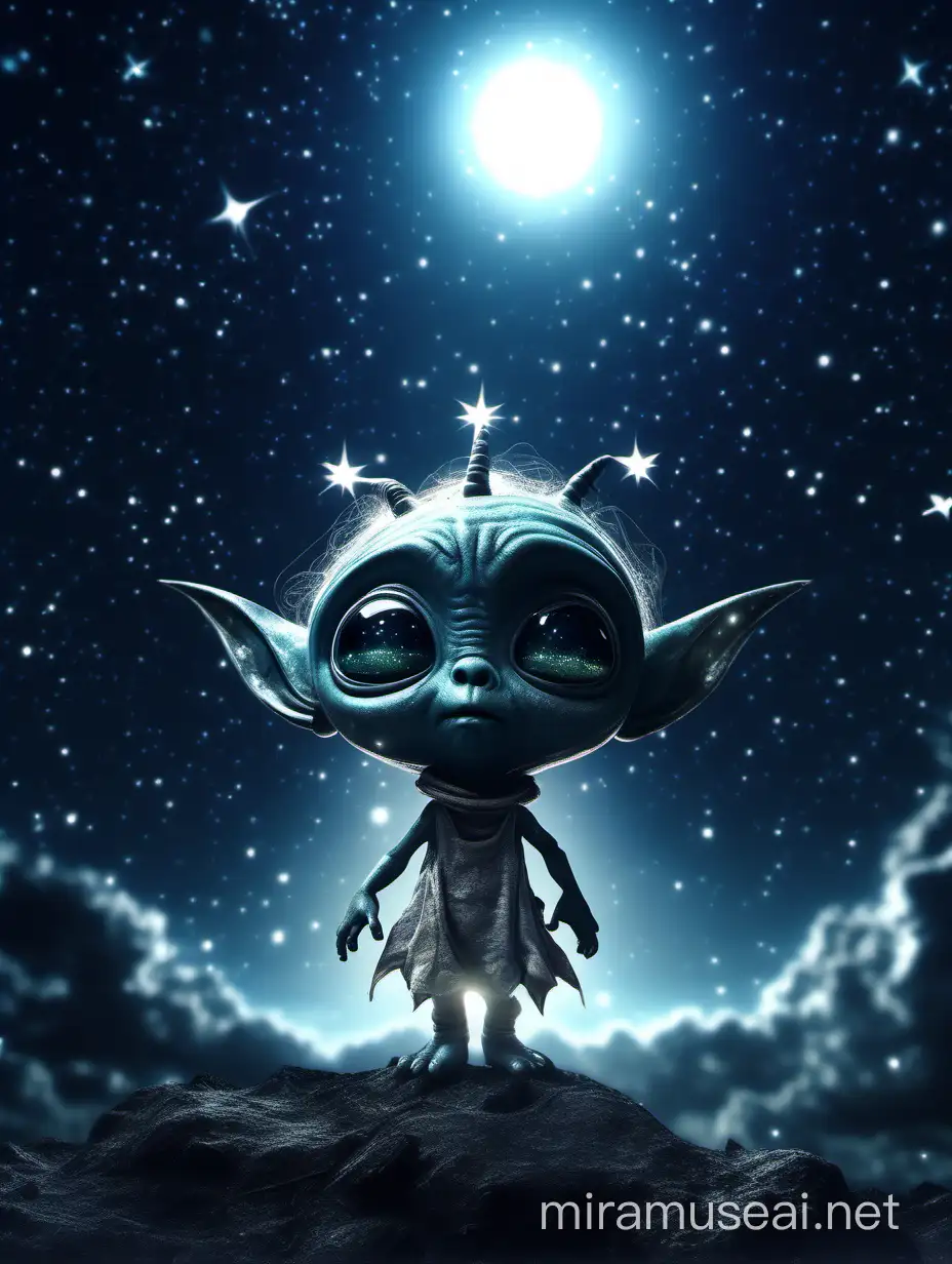 Enchanting Scene Little Alien Gazing at Starlit Sky in Moonlight