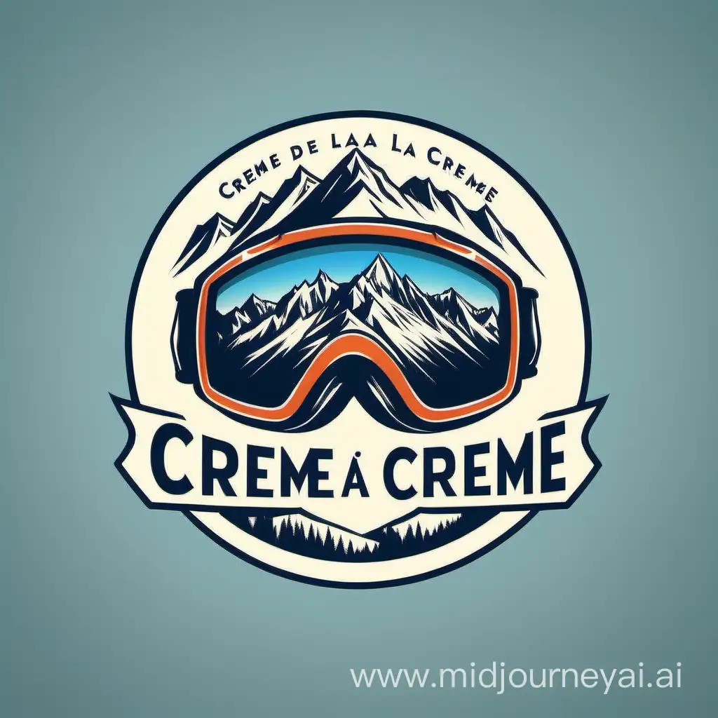 I need a logo, including picture of mountain tops representing the Alps and ski goggles and skis placed creatively. name of the company is Creme de la creme