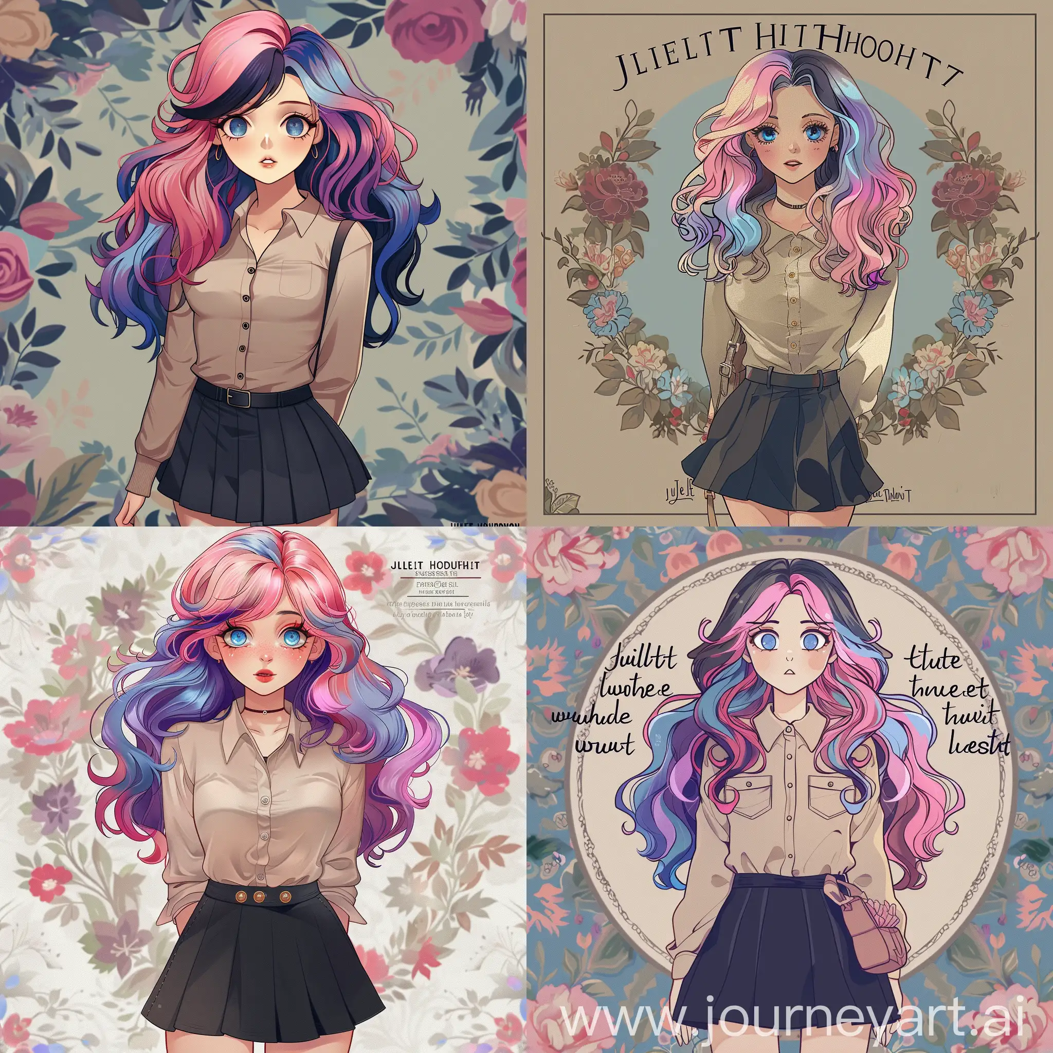 Anime-Style-Portrait-of-Juliet-Hudson-MultiColored-Hair-and-Classic-Outfit-with-Floral-Background