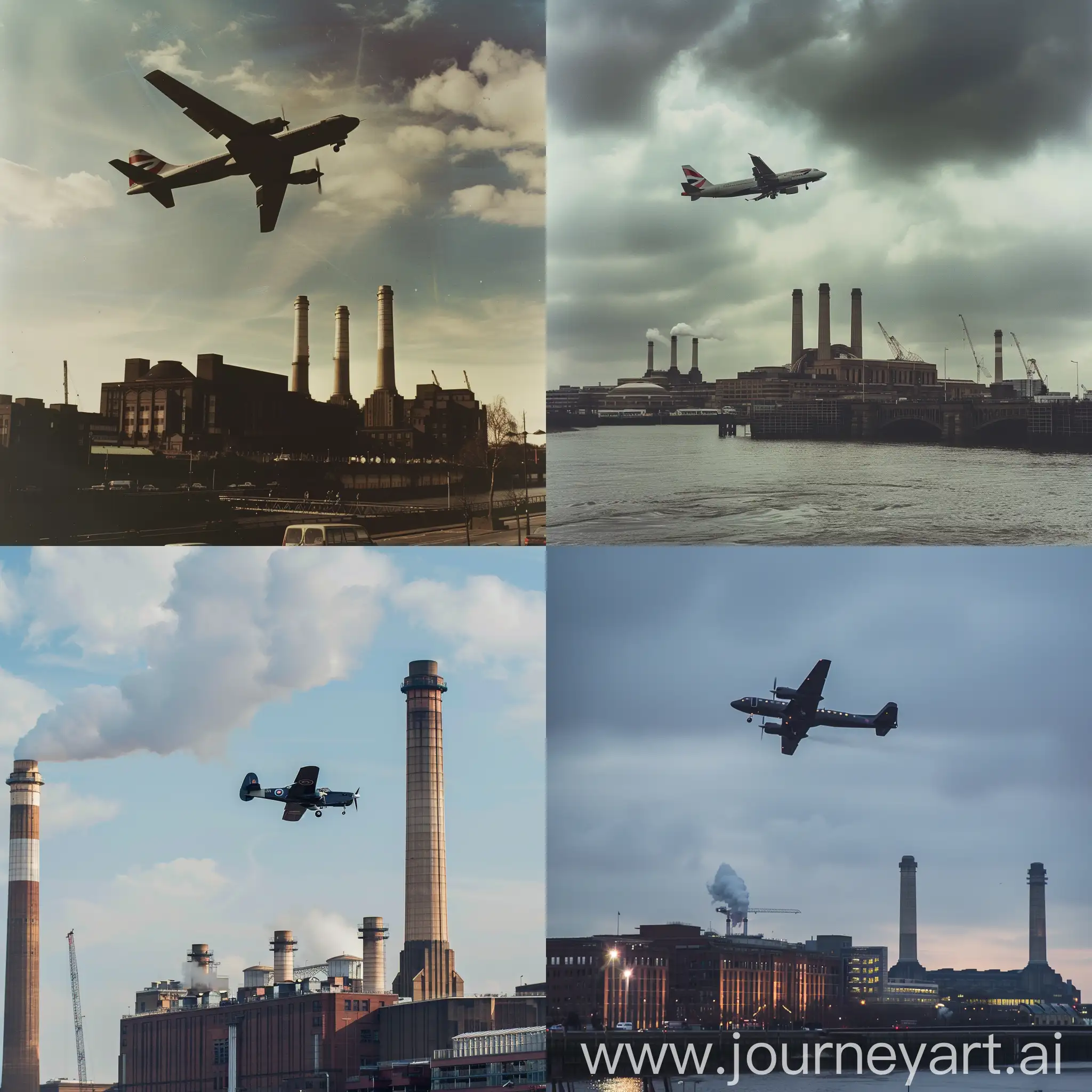 Roger Waters flying a plane over Battersea Power Station