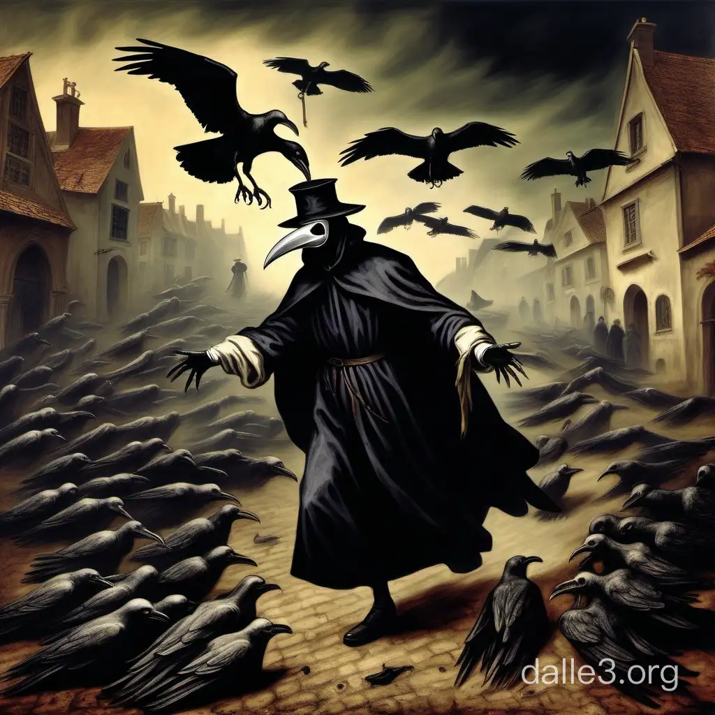 painting of plague doctor carrying away bodies of dead people, ravens flying around him.