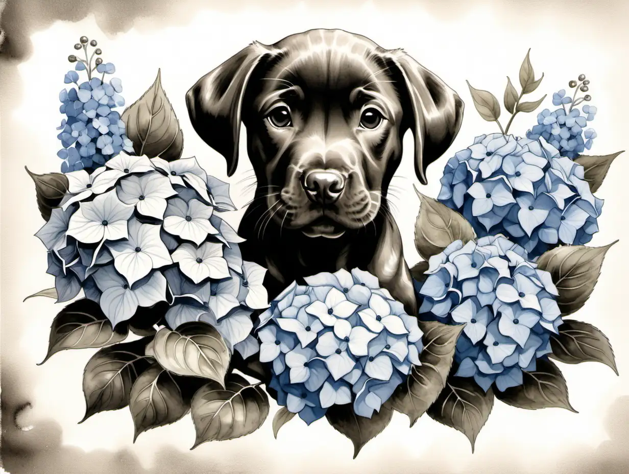 Design a Ink Wash vintage piece of heartwarming art featuring a Labrador  retriever puppy surrounded by a bouquet of Hydrangeas. Capture the essence of the bond between pitbulls and nature, creating a piece that resonates with pitbull lovers who appreciate the beauty of both their beloved pets and blooming flowers