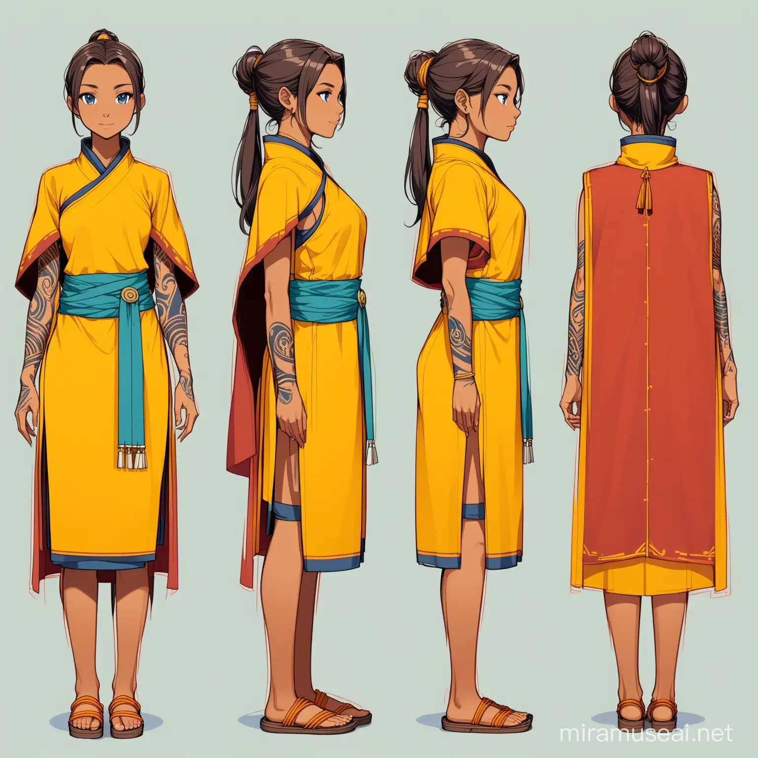 (multiple views full body upper body reference sheet:1) a tall young woman from the Air nation, in her 20s, with short styled brown hair, tanned brown skin, dark blue eyes, blue arrow tattoos, she is wearing a yellow Tibetan monk robe with a red cape, an orange vail and traditional eastern shoes