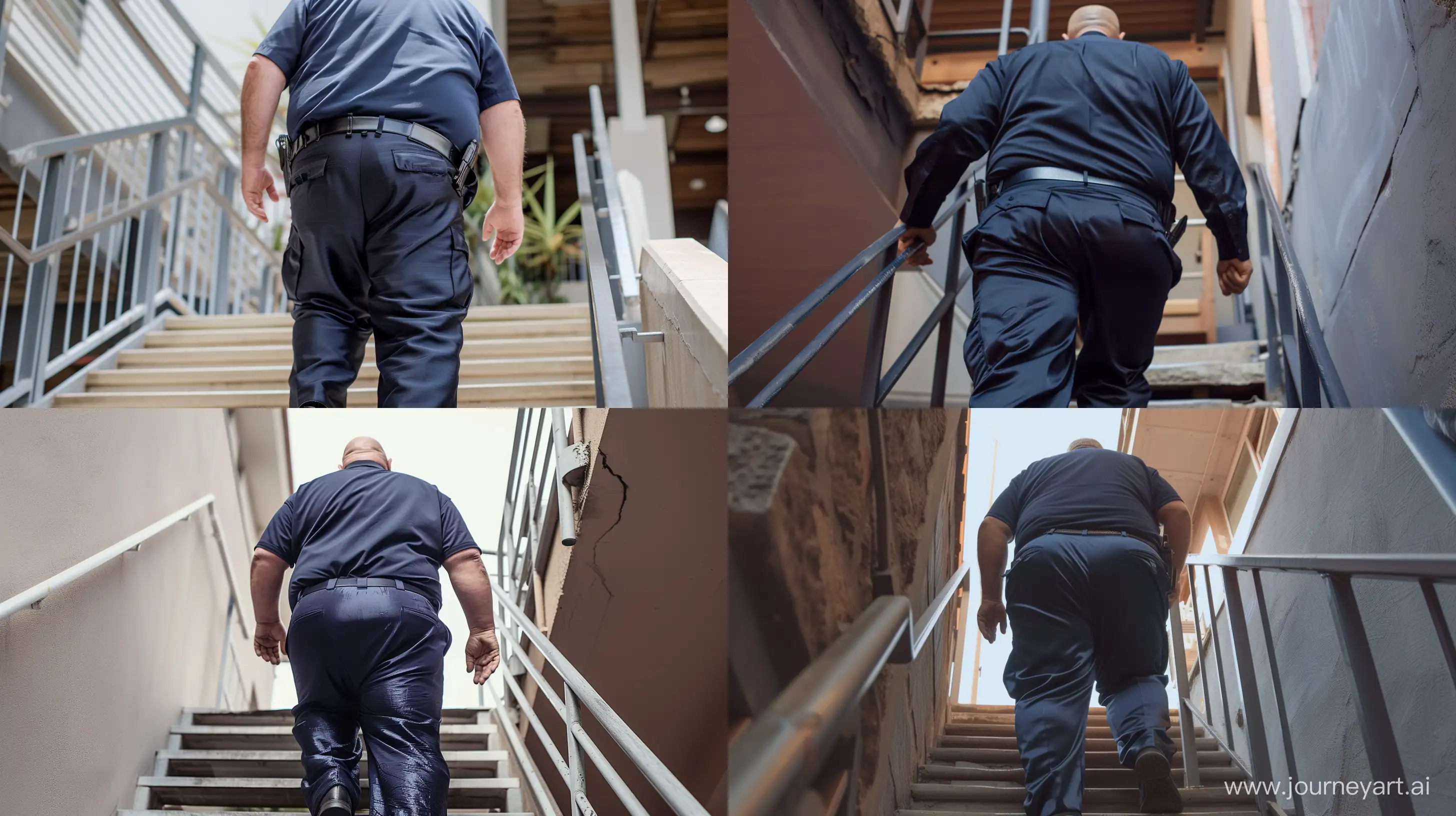 Back view low-angle short photo of a fat man aged 60 wearing a silk navy security guard pants and tucked in navy shirt. Climbing stairs. --style raw --ar 16:9