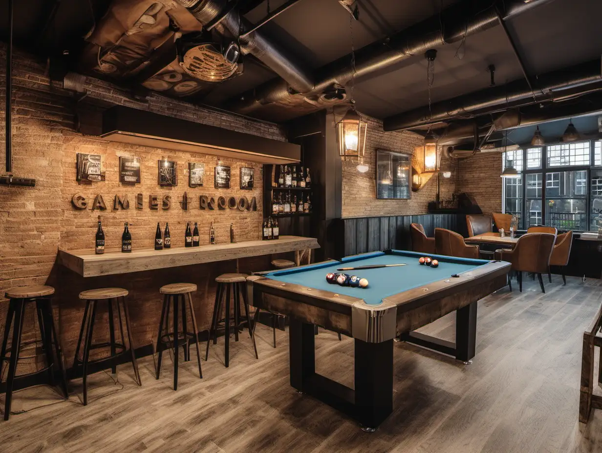 Men’s games room
Small bar area
Pool table
Chill out area
Drinks cooler
Different textures of wood and industrial lighting (kind of restaurant vibes)

