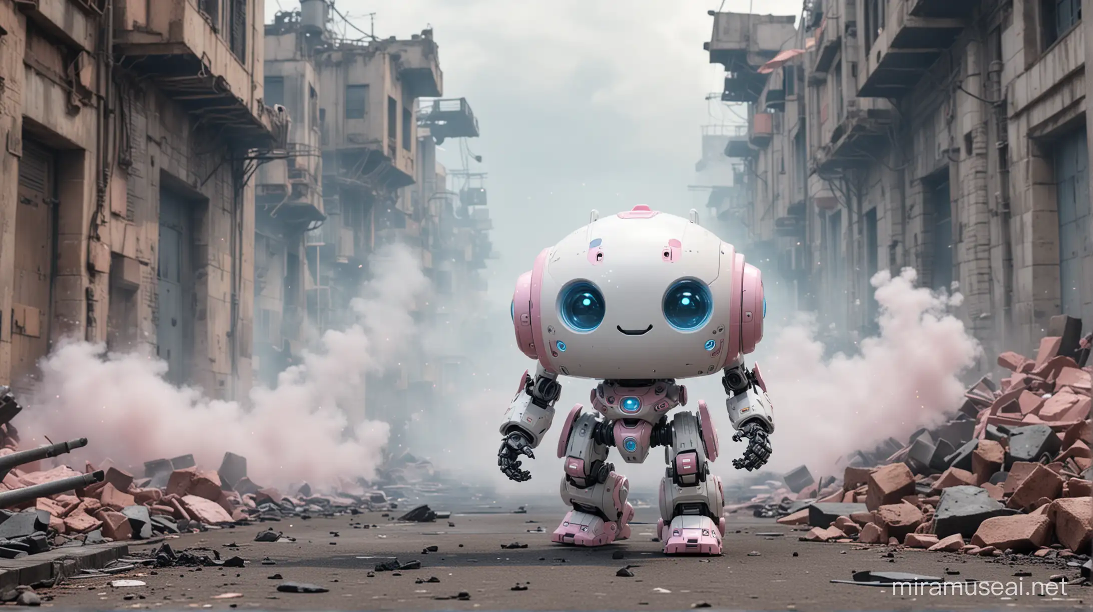One small kawaii walking white and baby pink robot Head with baby blue eyes, smile. Manga Anime Mecha style female robot body with two Anime Mecha legs arms and feets and chibi hands. Behind in the background on ground smoke, fires and city ruins behind fog. At a distance small explosions in the background. flying Debrees infront. Lights coming from behind, intense light from top. bright daylight. Sun. Topdown side view. Photo Realism, High-res.