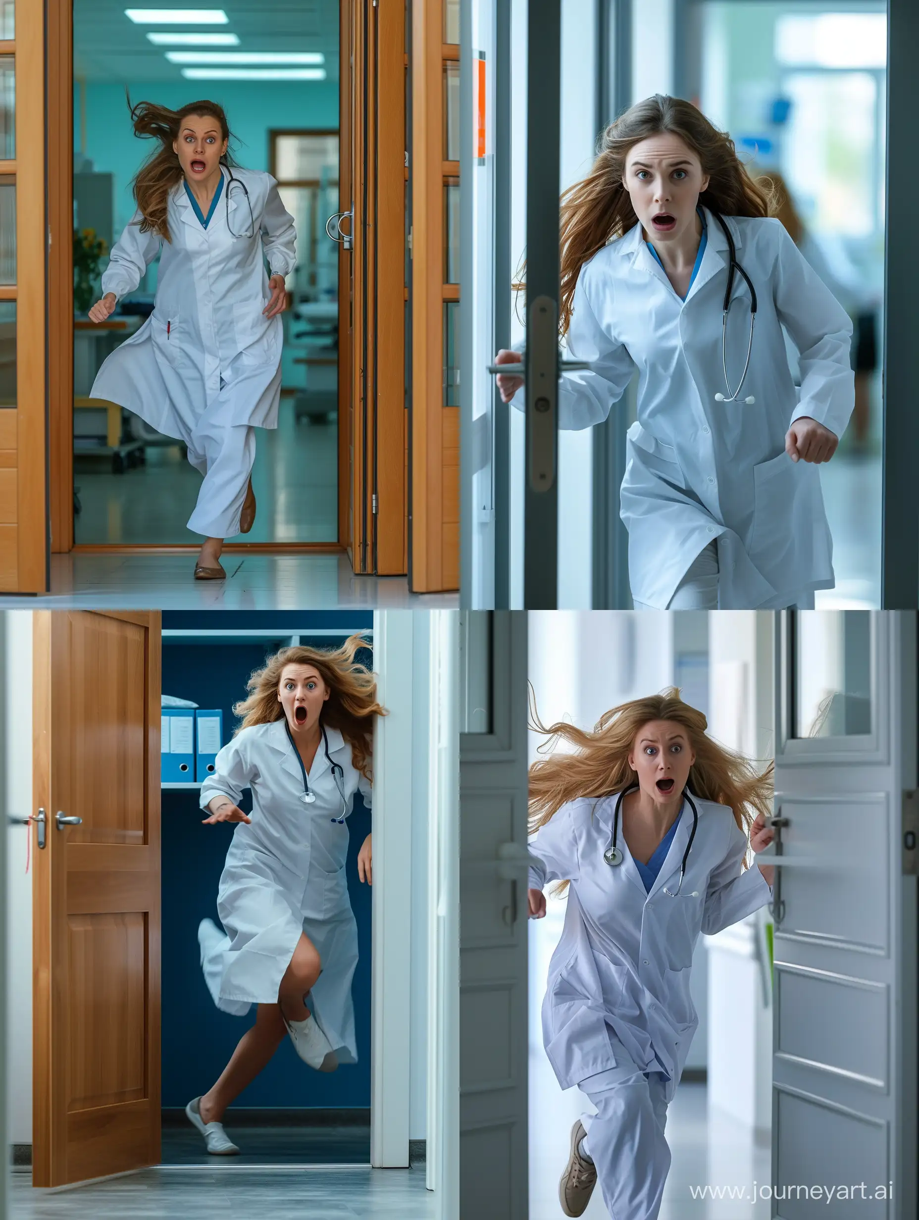  женщина молодой  врач европейская внешность в медицинском халате в  испуге выбегает из двери кабинета в больнице Реалистично
