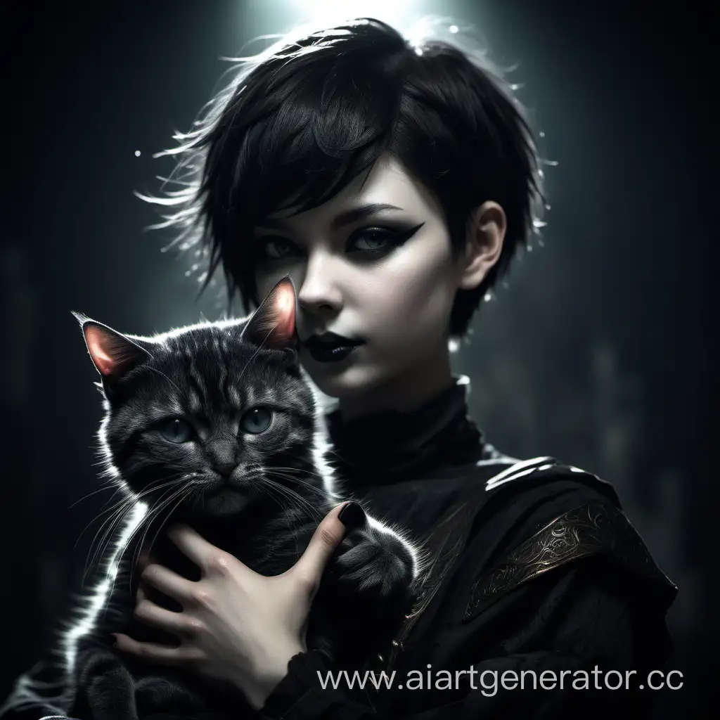 The cat is a girl with short hair, holding a cat. In the style of dark fantasy