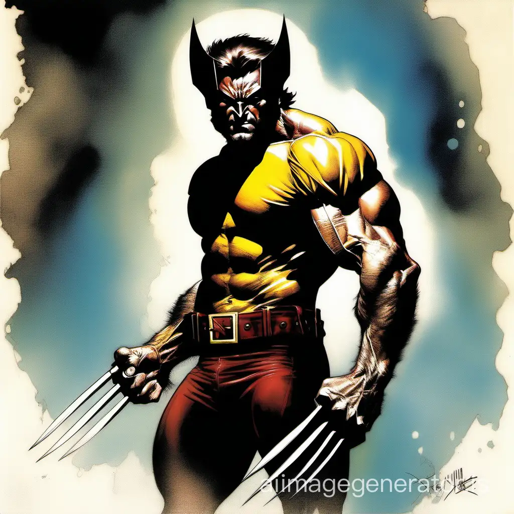 Imagine a wolverine from Marvel Comics in the style of Julie Bell in the style of Frank Frazetta. Masterpiece, best quality, high contrast, colorful, stark, dramatic, detailed background, high quality, by Julie Bell,