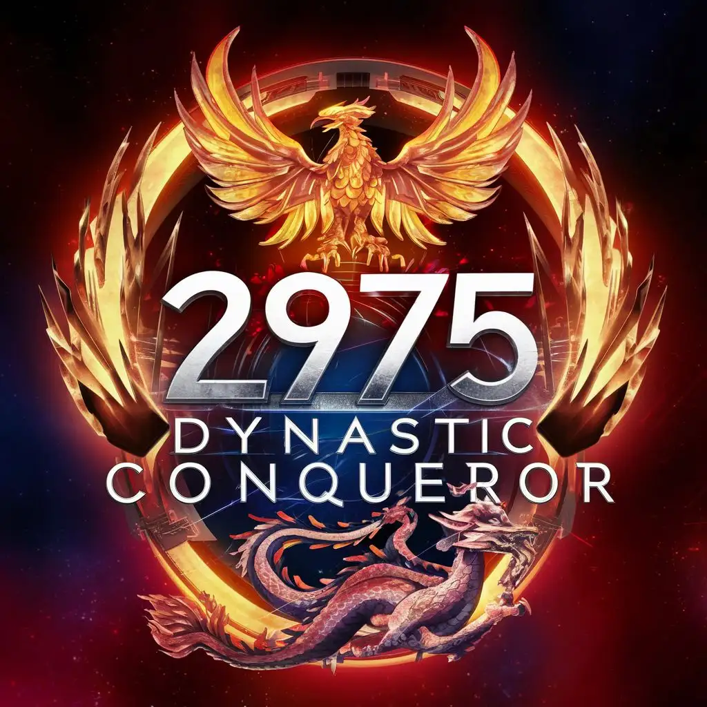 logo, phoenix and dragon, with the text "2975 Dynastic Conqueror", typography