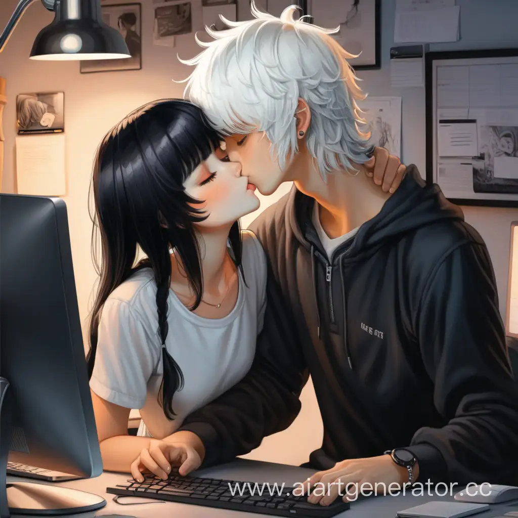 Девушка с чёрными растрёпанными волосами и чёлкой целует  парня с белыми волосами по плечи, пока тот работает за компьютером вечером