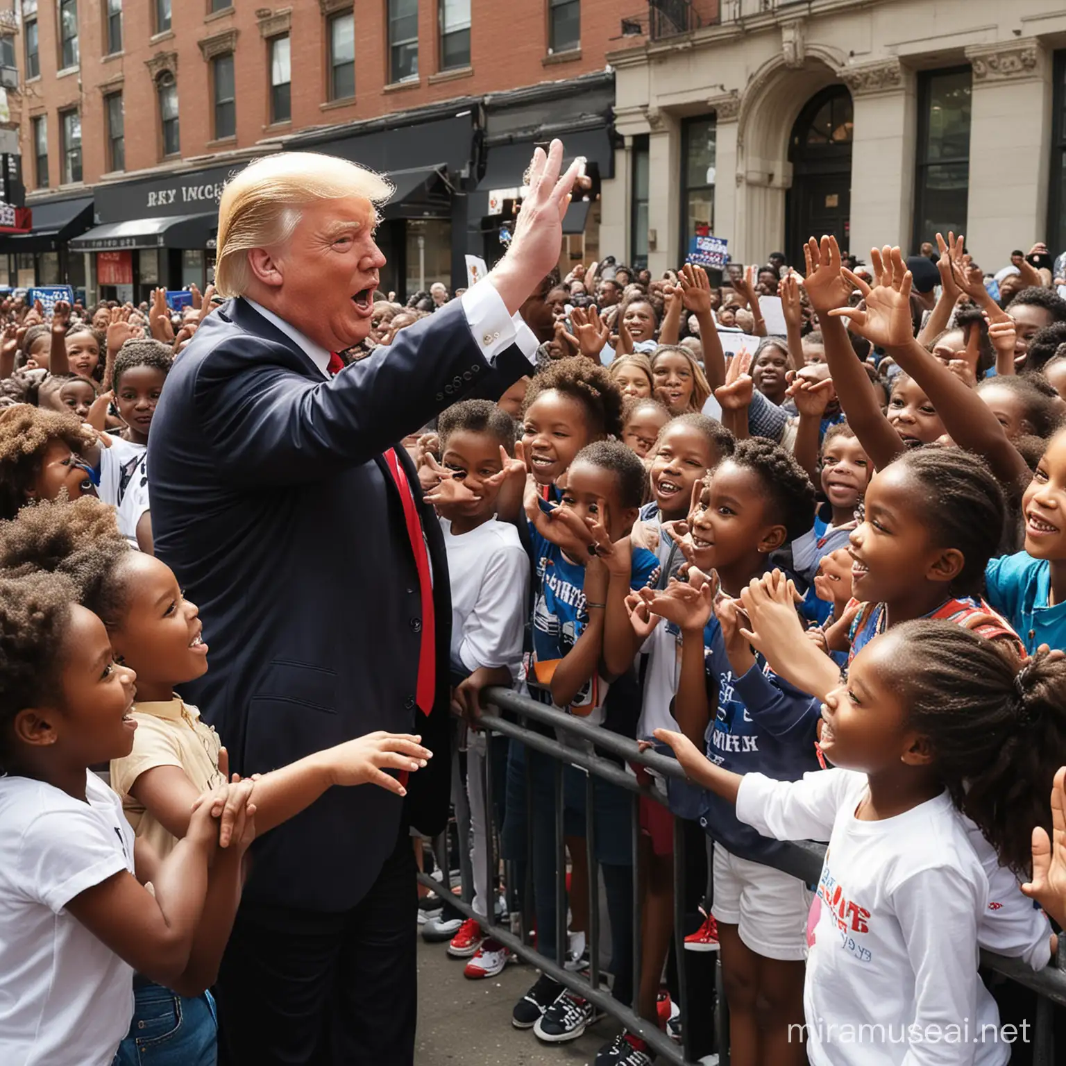 Donald trump high fiving black kids in Brooklyn 
