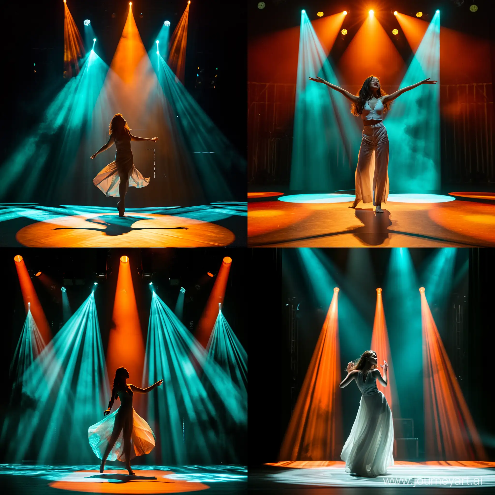 актриса танцует на сцене на неё светит софит оранжевый и бирюзовый