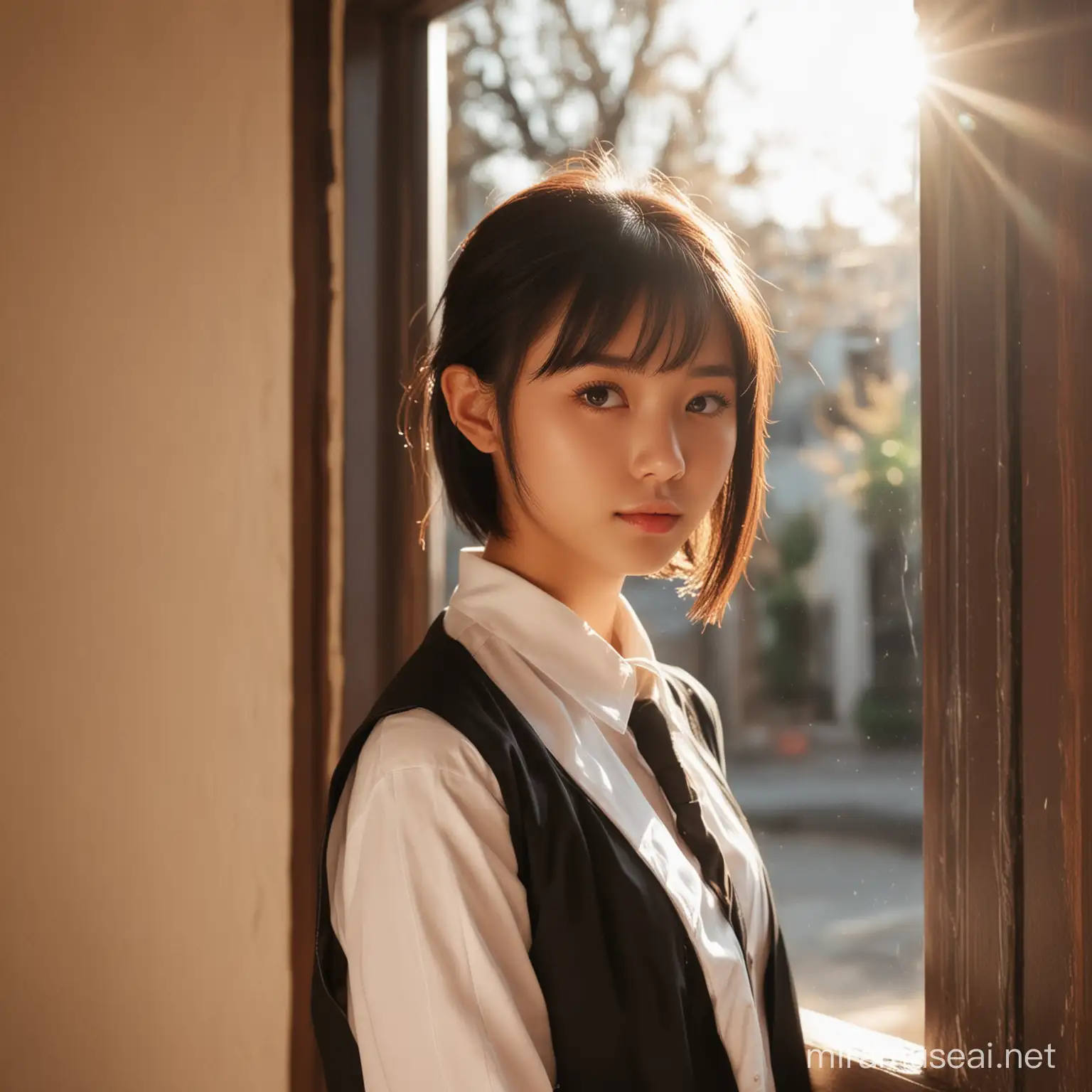 ～ Afternoon Gleam ～
In the luminous afternoon, a moment of vivacity is captured within these walls. The clear, bright attire reflects the gentle flow of time, serene and full of light. Asia girl, girl, 18 years old, (beautiful live brown eyes with 3D reflection of light), black short hair, school uniform