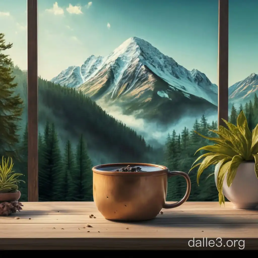 карсивая картинка фон для товара. столик, гора, небольшое растение в кадре