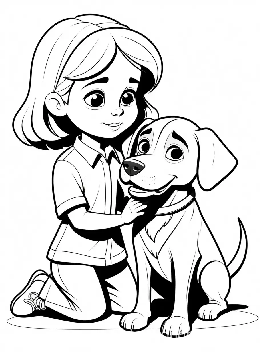 The child pets the dog, Coloring Page, black and white, line art, white background, Simplicity, Ample White Space. The background of the coloring page is plain white to make it easy for young children to color within the lines. The outlines of all the subjects are easy to distinguish, making it simple for kids to color without too much difficulty