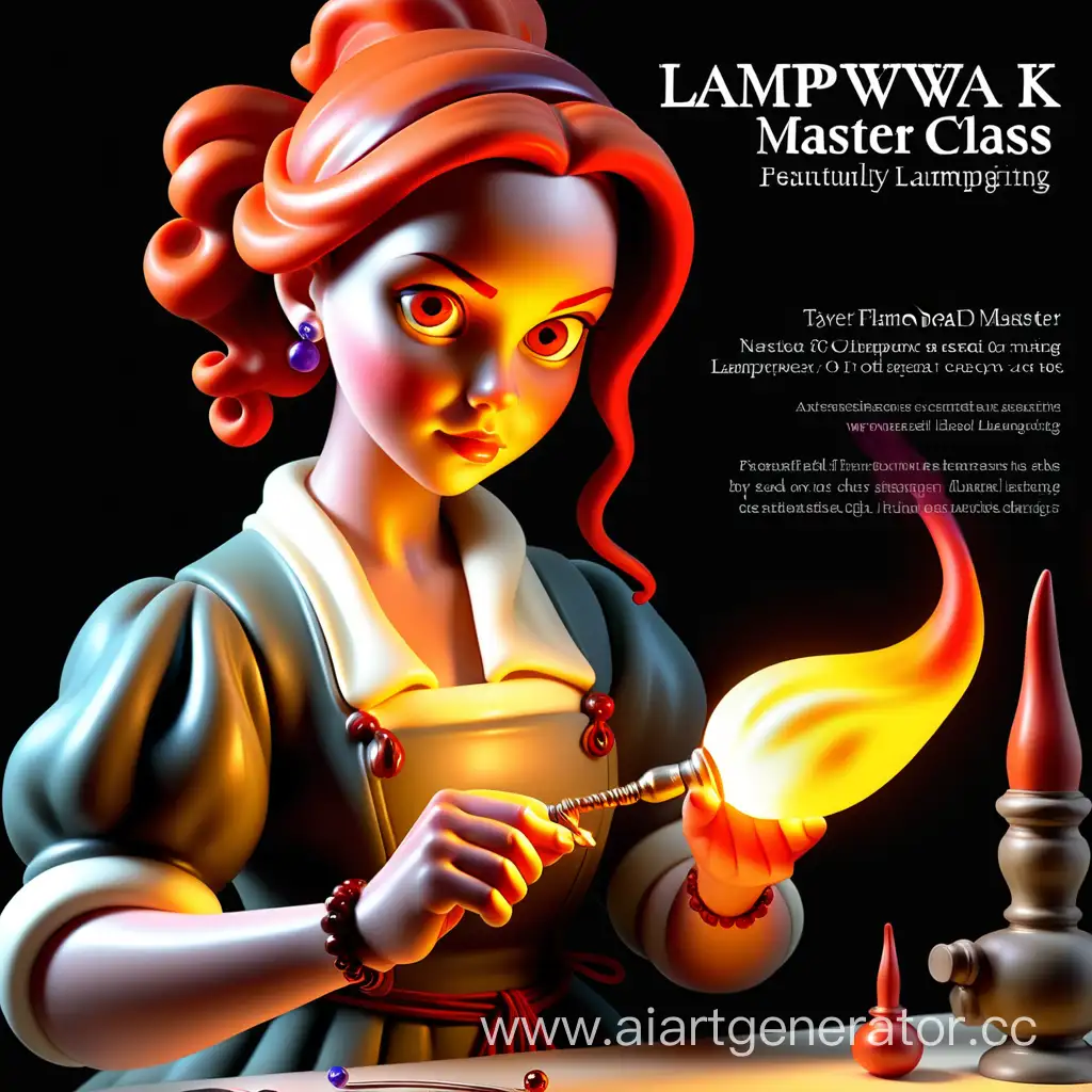 рекламная листовка по мастер-классу лампворк, на листовке изображена красивая девушка реконструктор делающая бусину в огне горелки