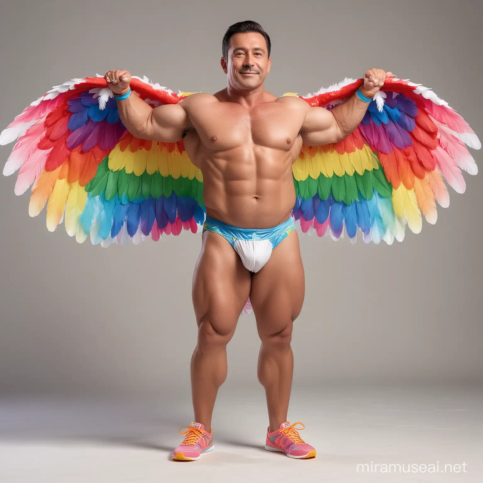 Full Body to feet Topless 30s Ultra Chunky IFBB Bodybuilder Daddy wearing Multi-Highlighter Bright Rainbow Coloured See Through Eagle Wings Shoulder Jacket Short shorts Arms Up Flexing Doraemon