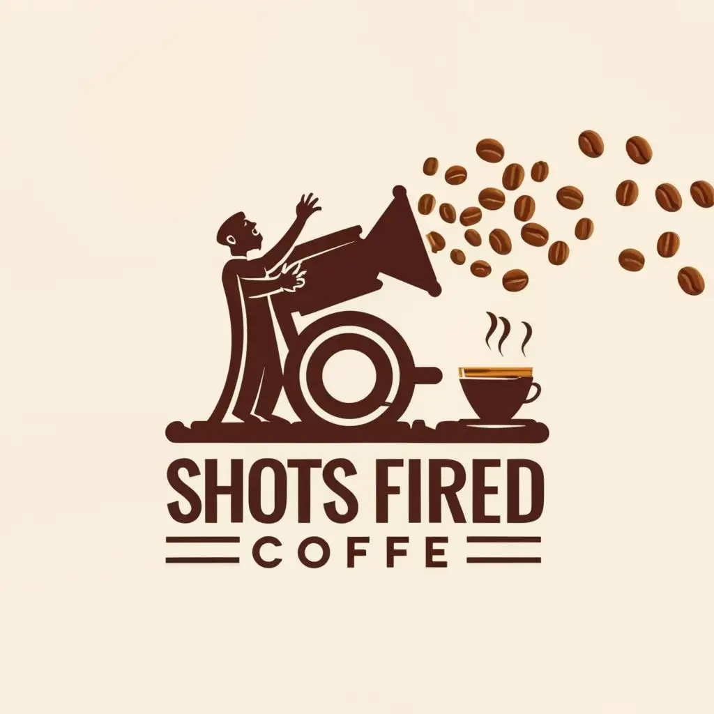 a logo design,with the text "Shots Fired Coffee", main symbol:the idea is a cannon shooting cannon balls into a coffee cup and maybe a guy standing behind the cannon drinking a cup of coffee,Moderate,be used in Restaurant industry,clear background