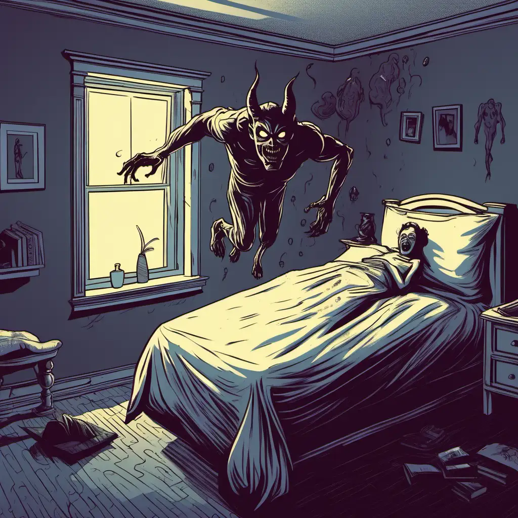 demon in bedroom floating in air