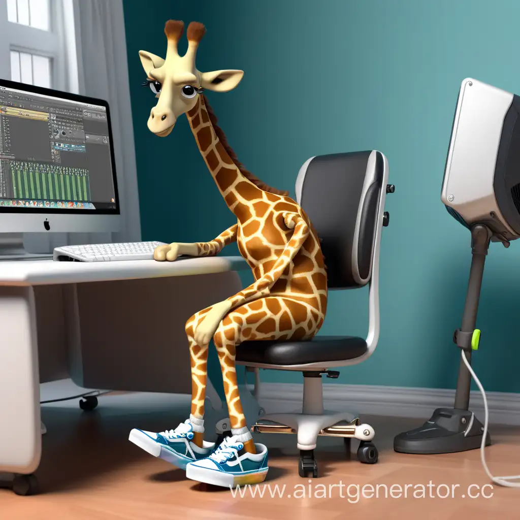 маленький жираф сидит на кресле возле компьютера в программе "FL STUDIO" и он обулся в кеды от "VANS"