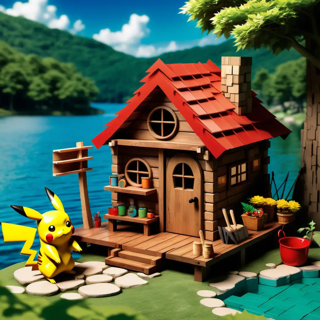 Craft a delightful scene where Pikachu, equipped with tools, is by the lakeside enthusiastically tinkering to build a charming cabin, surrounded by a tranquil atmosphere and nature