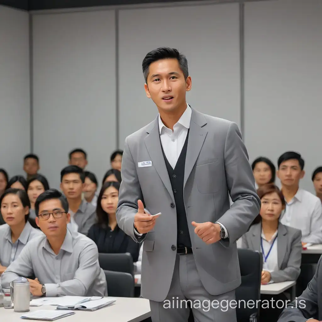 A business personality wearing a Malaysia gray paint coat. And telling the benefits of a cylinder extinguishing fire to the public in a seminar.