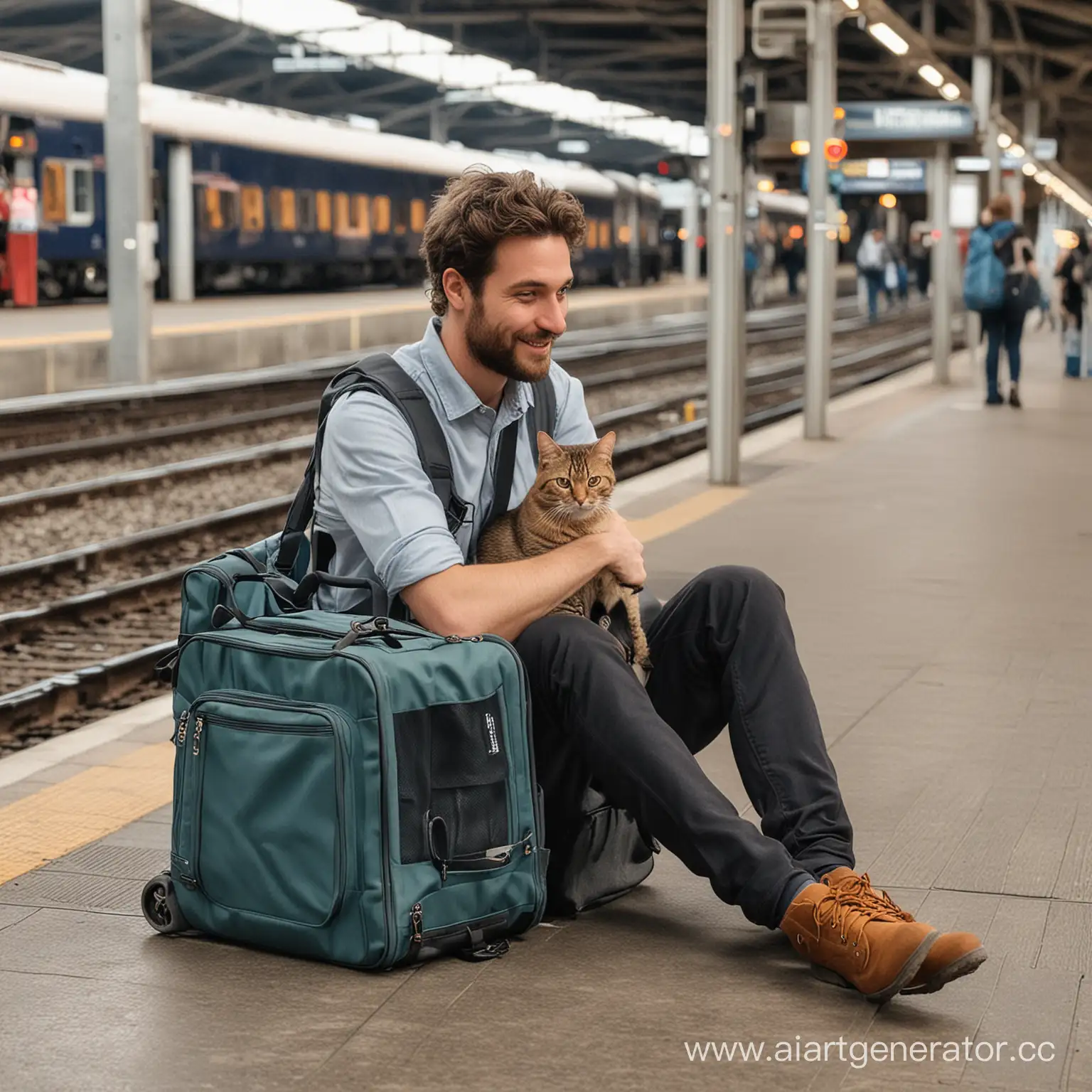 Парень и кот в переноске сидят на железнодорожном вокзале