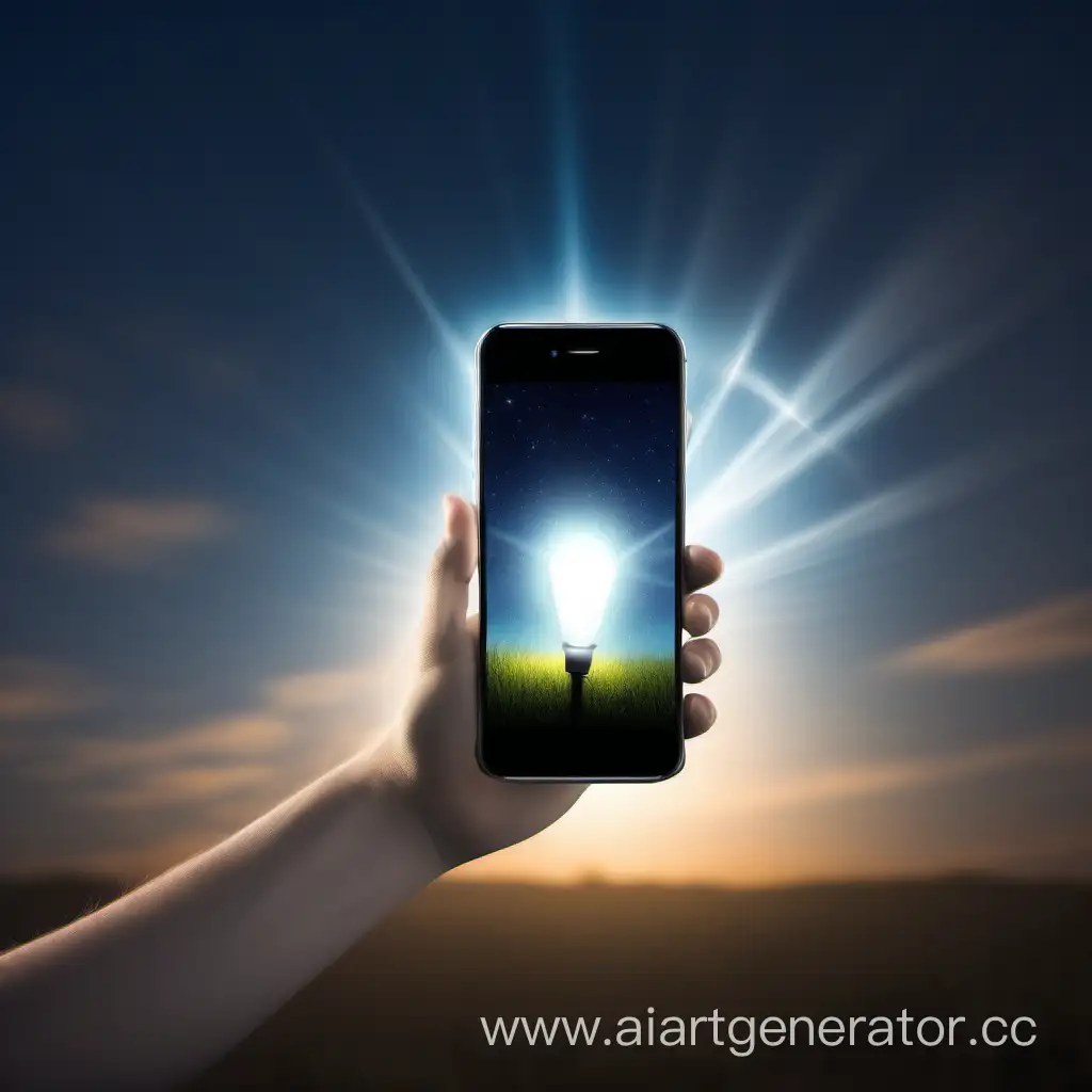 рука держит смартфон с включенным фонарем и светит в небо