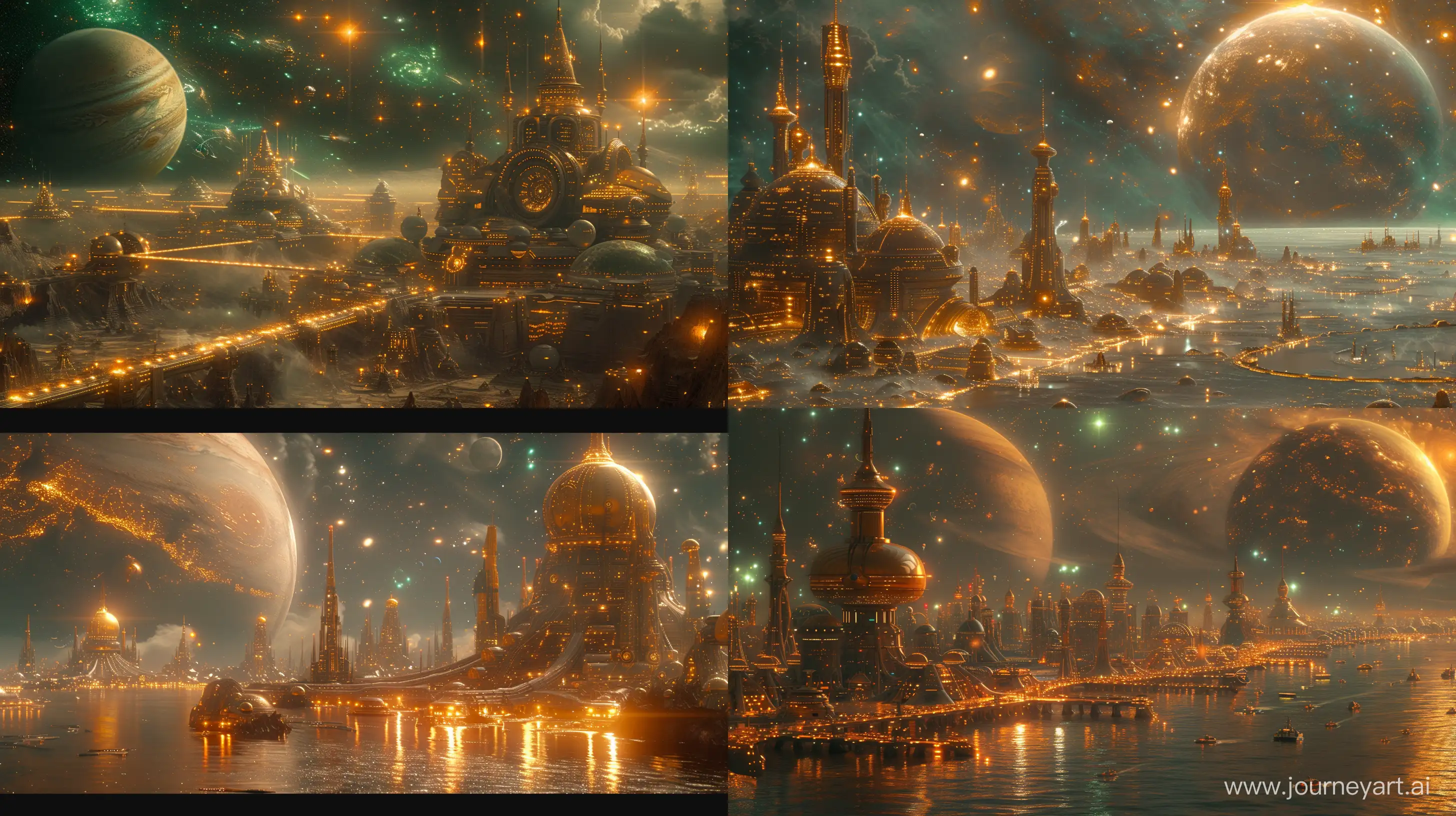 Masterpiece, best quality, hyperrealistic photography, this image shows an alien city with big lights and a planet, in the style of dark cyan and gold, intricate landscapes, 8k resolution, eve ventrue, seapunk, dom qwek, art deco sensibilities --ar 16:9 --s 600 --v 6.0