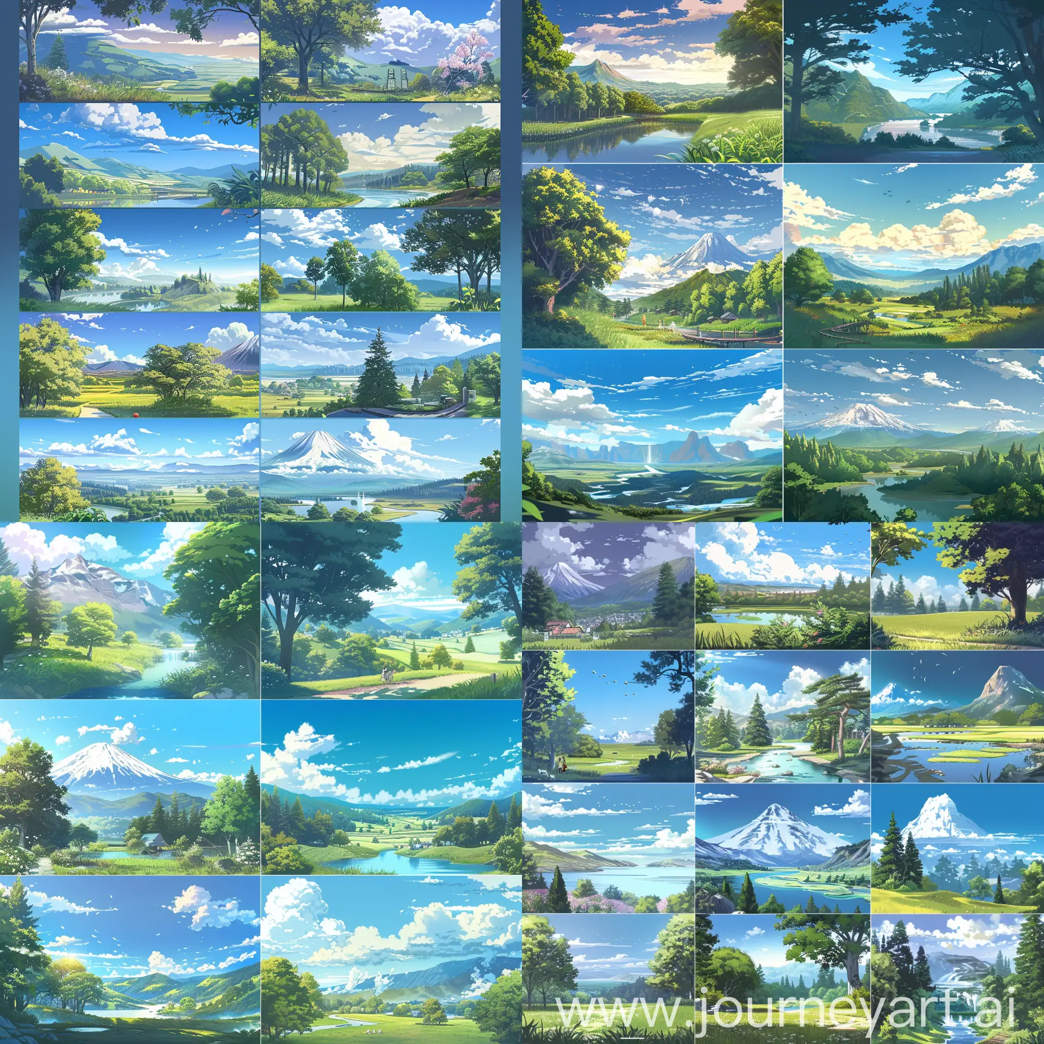 Subject: The primary subject of the image is tranquil anime scenery, reminiscent of Makoto Shinkai's distinctive style. Setting: The setting is characterized by various serene nature landscapes, depicting different locations with calm and quiet views. It emphasizes the beauty of summer with clear skies and peaceful surroundings. Background/Style/Coloring: The background features beautiful and detailed illustrations of nature, with an emphasis on ultra HD quality, sharp details, and vibrant coloring reminiscent of anime aesthetics. The style mirrors Makoto Shinkai's renowned approach, known for its captivating portrayal of landscapes and skies. Action/Items: There is no specific action depicted in the image; instead, it focuses on showcasing the beauty of nature. The key items include various elements of nature such as trees, mountains, rivers, and skies, all rendered in high-quality illustration. Costume/Appearance/Accessories: As it's a landscape image, there are no characters or costumes present. However, the appearance highlights the serene and picturesque qualities of nature, with attention to detail and clarity in every aspect.