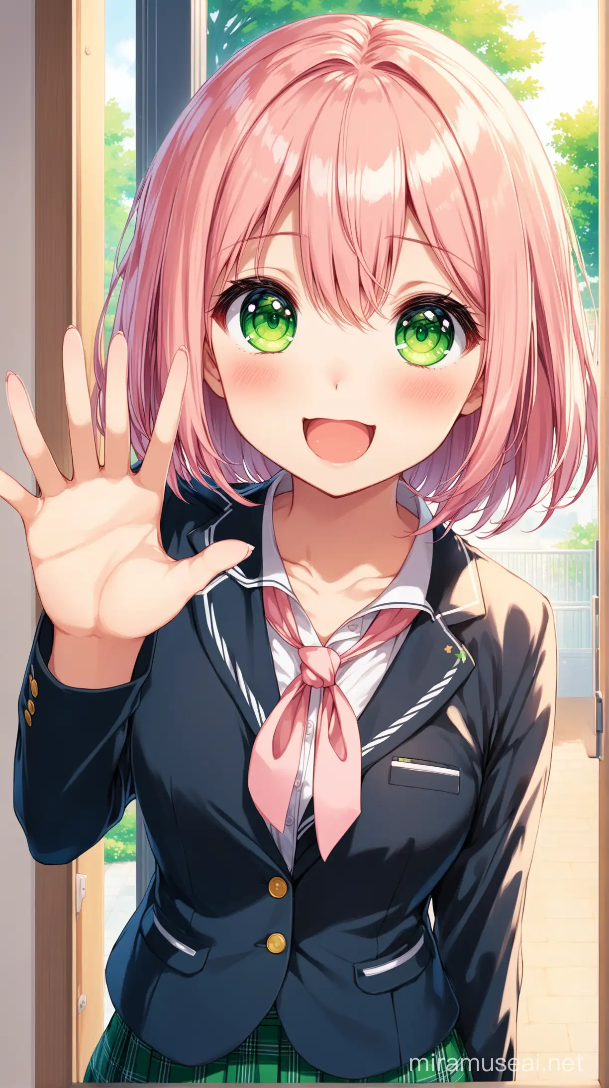 Yui Yuigahama, 1girl, High-quality anime illustration of cute anime girl, light pink hair, ahoge, short hair down, hair between eyes, (green eyes:1.5), detailed hair, cute expression, kawaii, anime, detailed eyes, professional, 8k, hd, high resolution, best quality, cute, (looking at viewer), adorable, upper body, (single), POV, (yuigahamaYui), one side up, at the front door, waving arm, happy, ohayou~!, plaid skirt, greeting the viewer, one arm up, yellow hair scrunchie, navy blue jacket, school uniform, open jacket, medium shot, Genki Girl, open mouth,