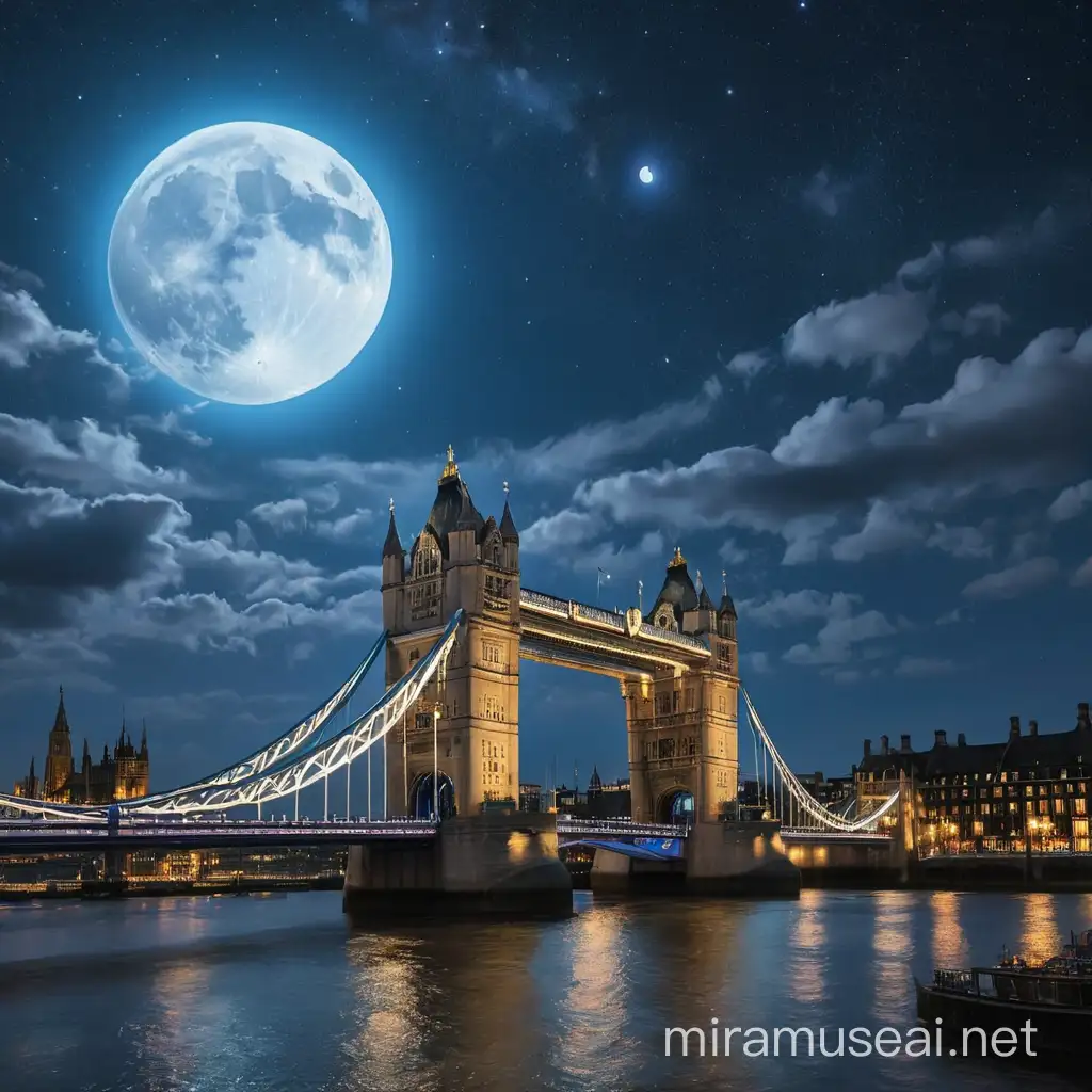 A iconic picture of London and the London Bridge that is hidden in the stars and galaxies and a electric blue full moon shining 