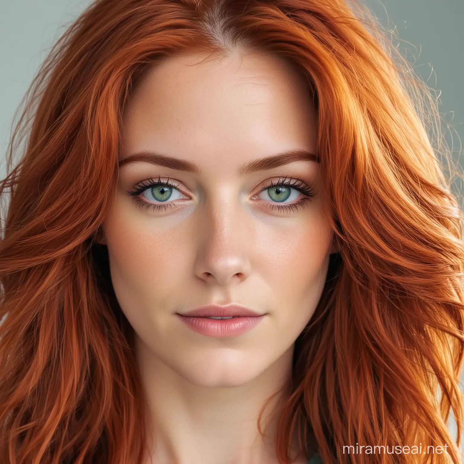 white woman with red hair middle length and green/blue eyes