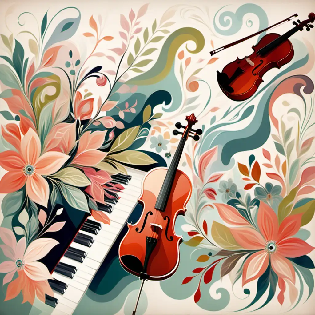 Musical Instruments with Abstract Floral Motifs in Dreamy Spring Colors