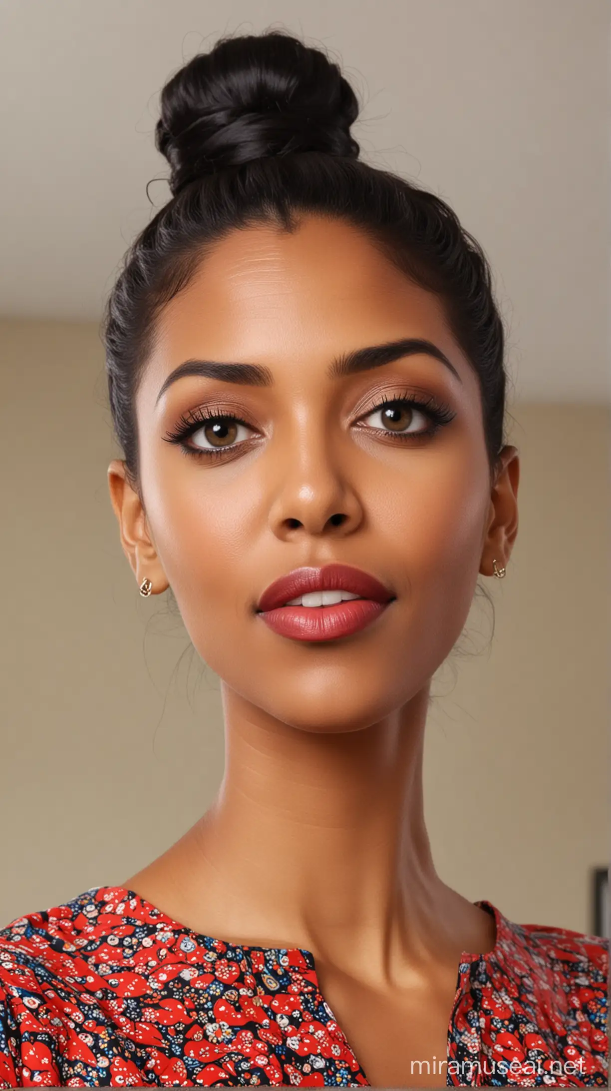 A 43 year old skinny black woman with big eyes, straight nose, small red lips, sharp chin and long straight black hair with a bun at back wearing a kurti