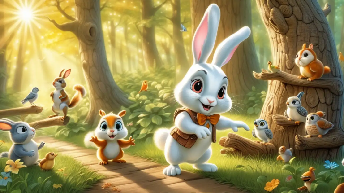 Le petit lapin blanc aime se promener dans la foret pour saluer ses amis les ecureuils, les oiseaux et la chouette qui est perchee sur la branche d un arbre. Le soleil brille.