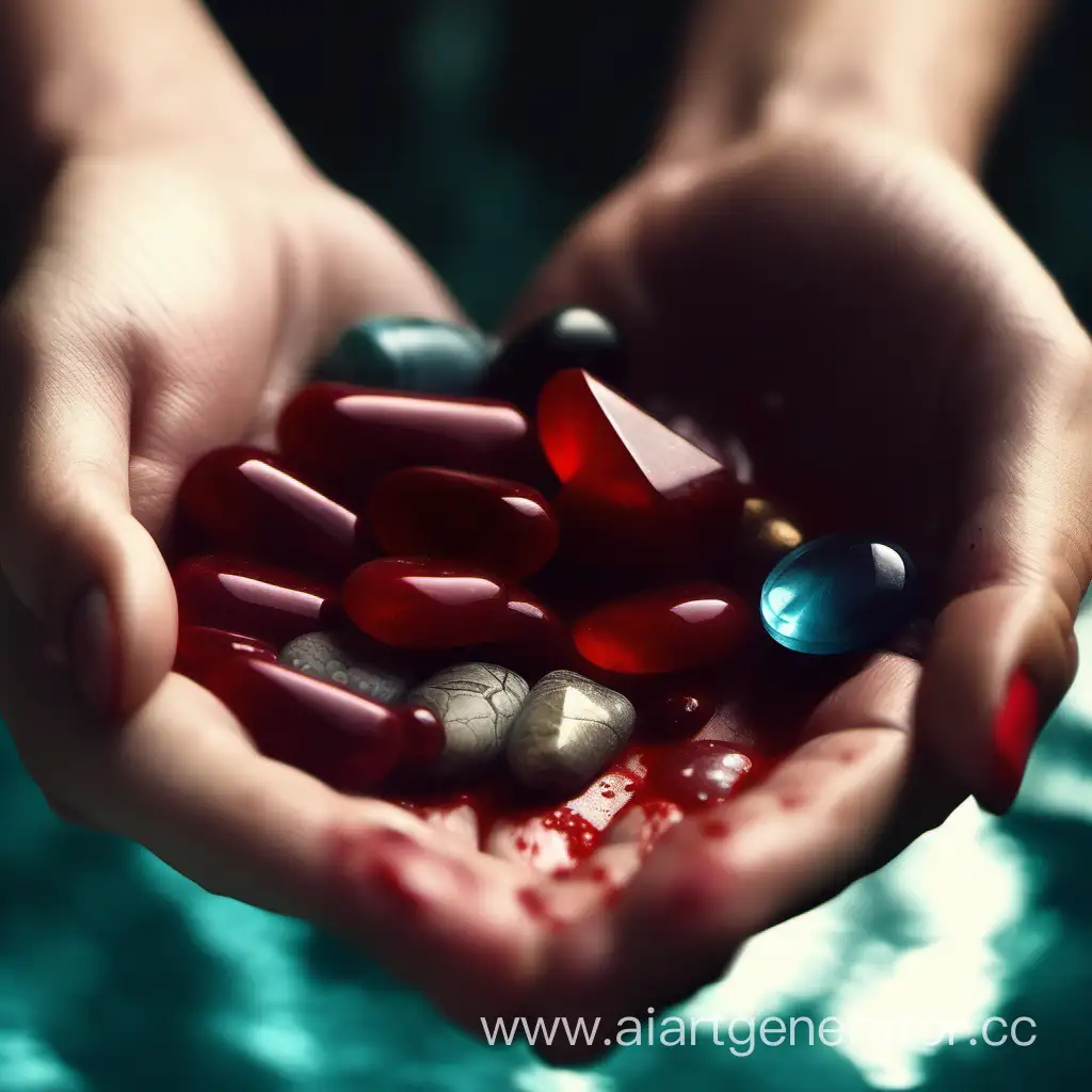 Precious-Stones-Resting-on-an-Open-Palm-Amidst-a-Pool-of-Blood
