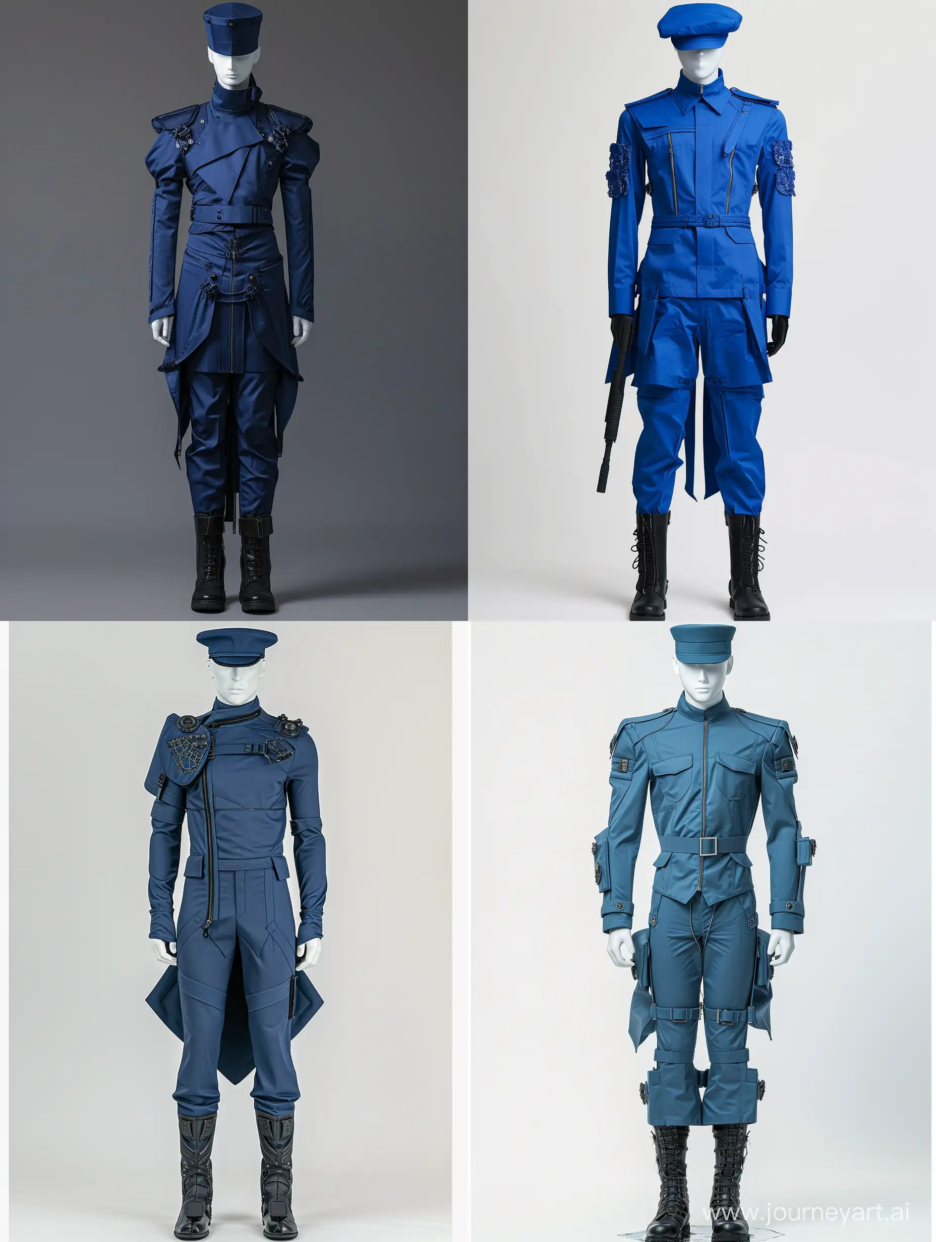 Male Mannequin, No Face, Retro Futuristic Style, Cyberpunk Style, Futuristic Military Blue Formal Formal Cap, Futuristic Military Blue Formal Formal Uniform, Zipper, High Collar, Long Sleeves, Epaulettes, Decorative Elements, Blue Formal Formal Pants, Tall Black Boots